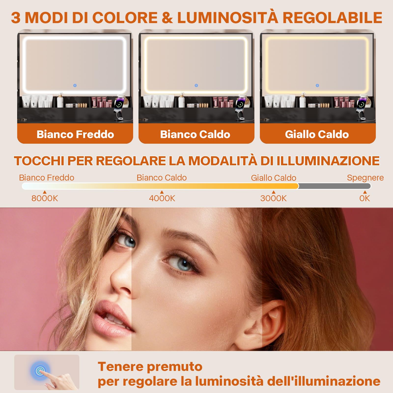 Airfish Toeletta Trucco con Luci LED e Sgabello, Angolare Tavolo da Trucco con Specchio,2 Porta USB e 5 Cassetti,Postazione Trucco Luminosità Regolabile (Nero)