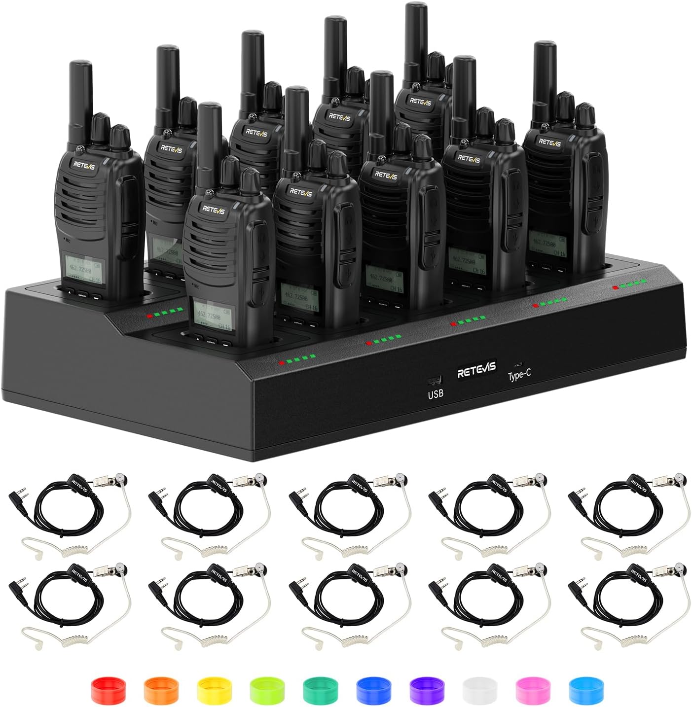 Retevis H777D Walkie Talkies Long Range with LCD Display, 2 Way Radio, 10 Way Multi Unit Charger, 1200 mAh USB-C, Commercial FRS Two Way Radio for School Security Construction(10 Pack)