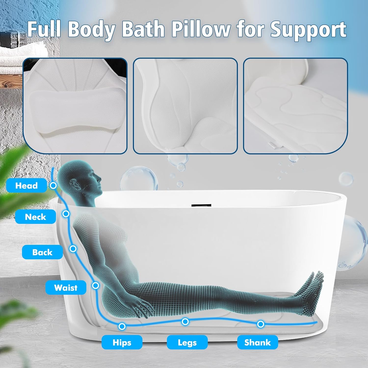 Luxury Thick Full Body Bath Pillows Mat & Cushion for Bathtub Headrest Neck Shoulder Support Comfort Relaxation Spa Accessories Perfect for a Spa Soak in Bathtub (White)
