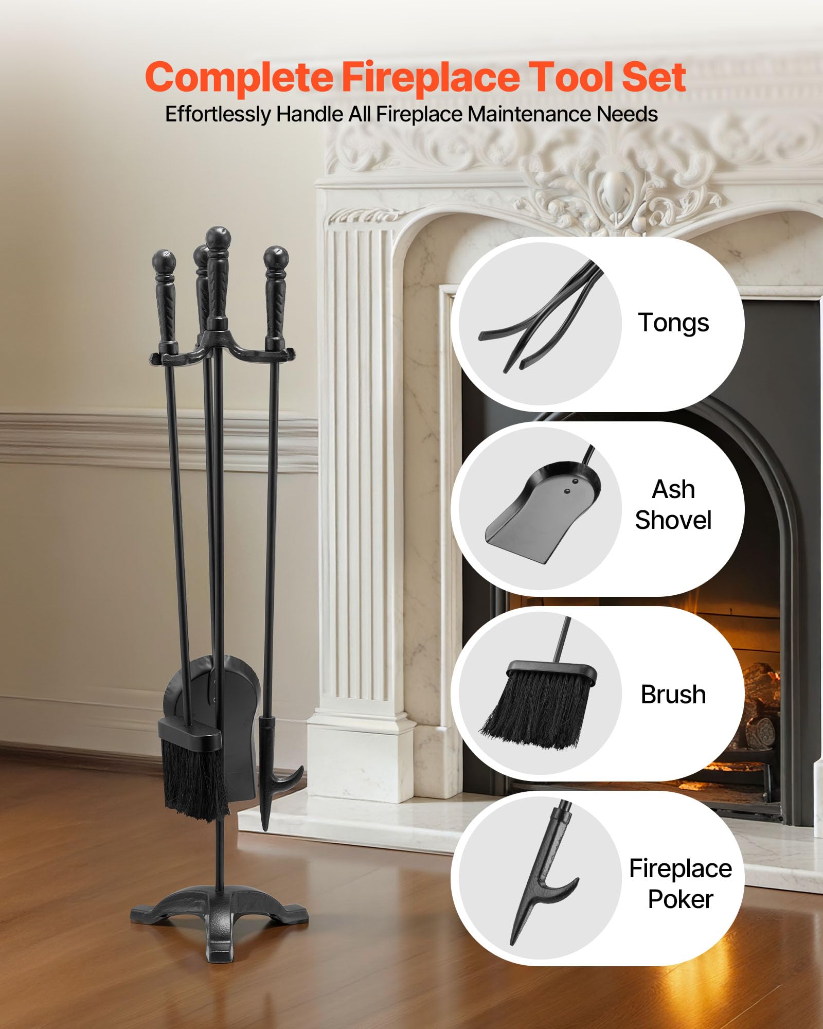 Image secondaire de VEVOR Ensemble d'Outils de Cheminée 4 Pièces en Fer Forgé Noir