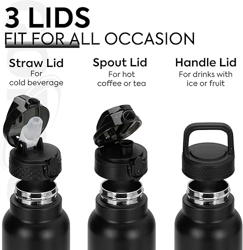 Miniatura 3 de GOPPUS Botella de agua aislada de 40 onzas con popote, botella de agua deportiva de acero inoxidable con 3 tapas (pajilla, boquilla y tapa de asa),
