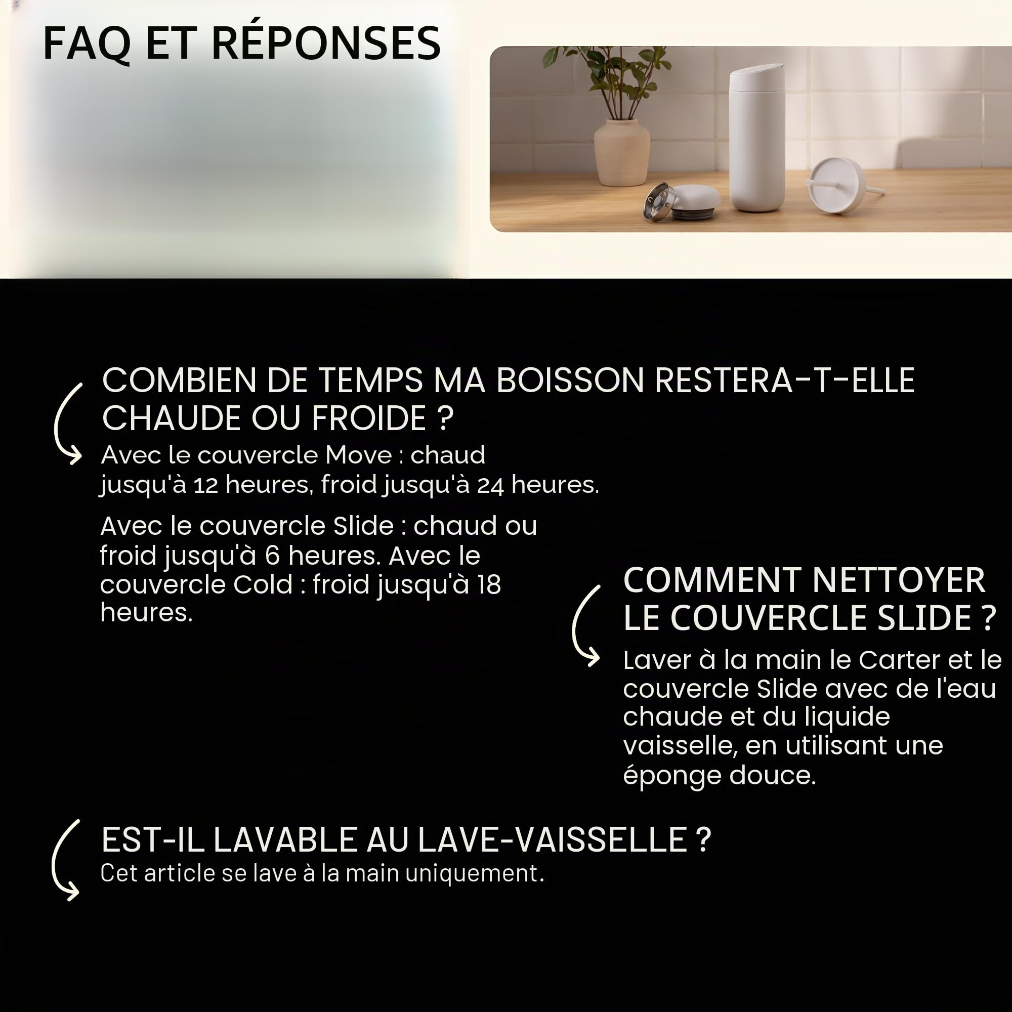 Fellow Tasse de voyage 3 en 1 avec fermeture coulissante, couvercles Move & Cold avec paille – Tasse à café à emporter – Intérieur en céramique et acier inoxydable isolé sous vide – Tasses à café