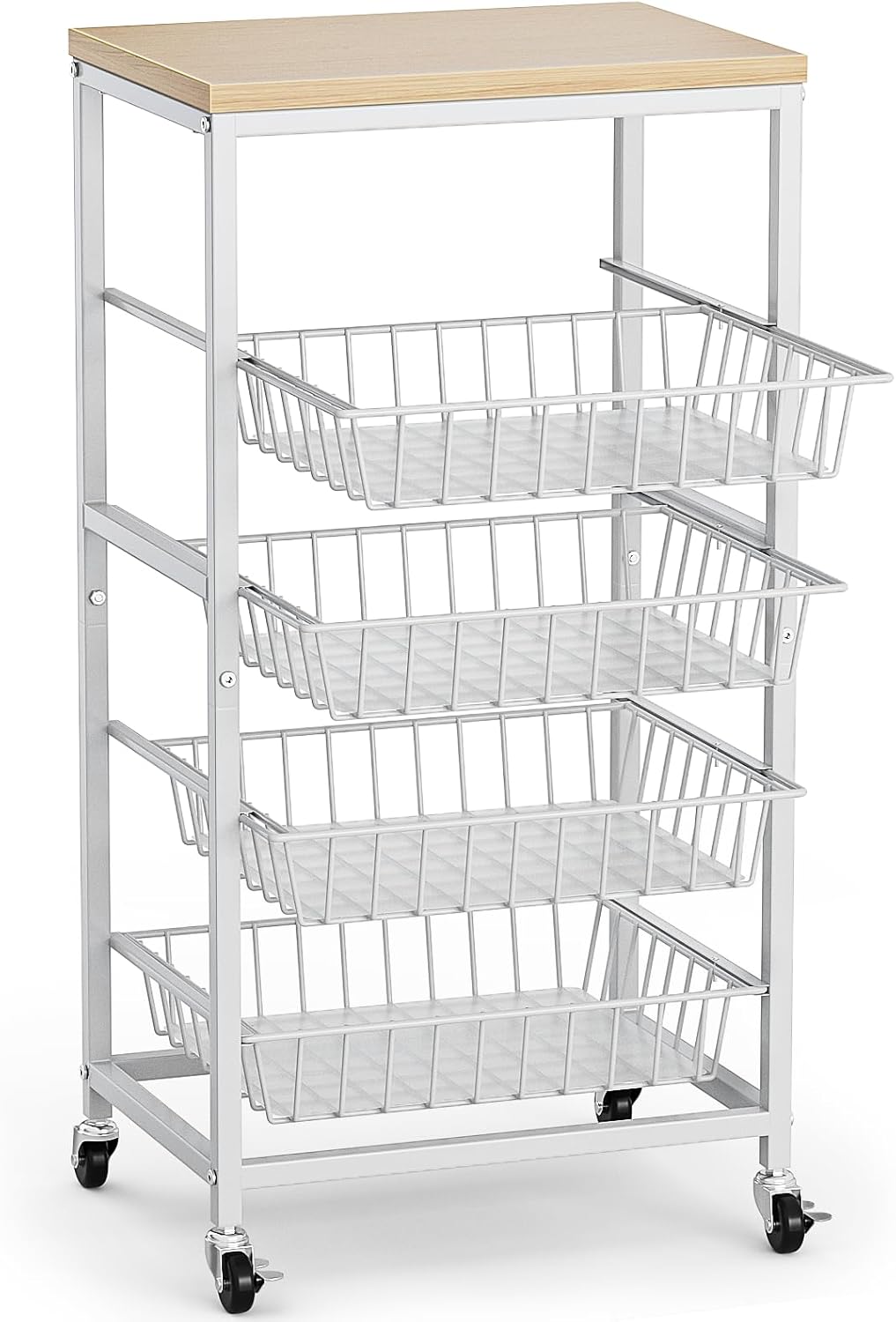 Snack Cart, 5-Tier Kitchen Carts on Wheels with Storage,Fruit Basket Stand with Pull-Out Baskets and Wood Top,Kitchen Organizer for Fruit Vegetable Snack (Oak Beige) - Image 9