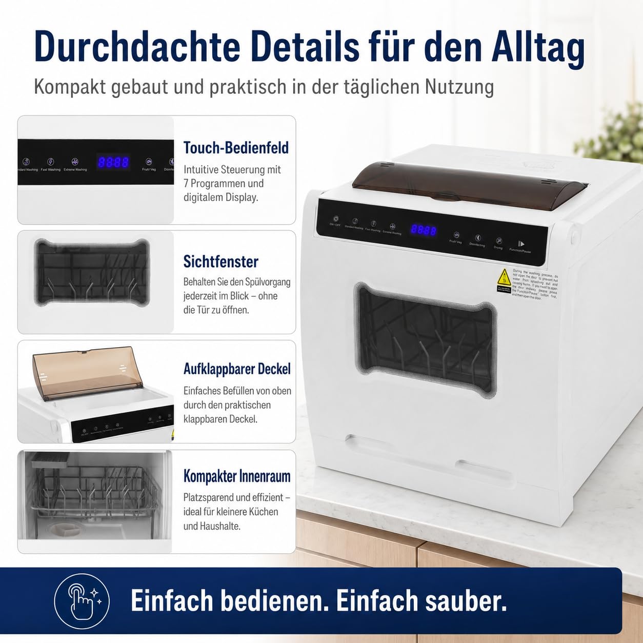 Tischgeschirrspüler 800W 6 Programme 72h Heißlufttrocknung für 4-6 Pers | Mini Spülmaschine 0.58kWh/3.5L, 52dB leiser Desktop-Dishwasher mit Messerbox & 360° Sprüharme für Wohnung/Wohnmobil