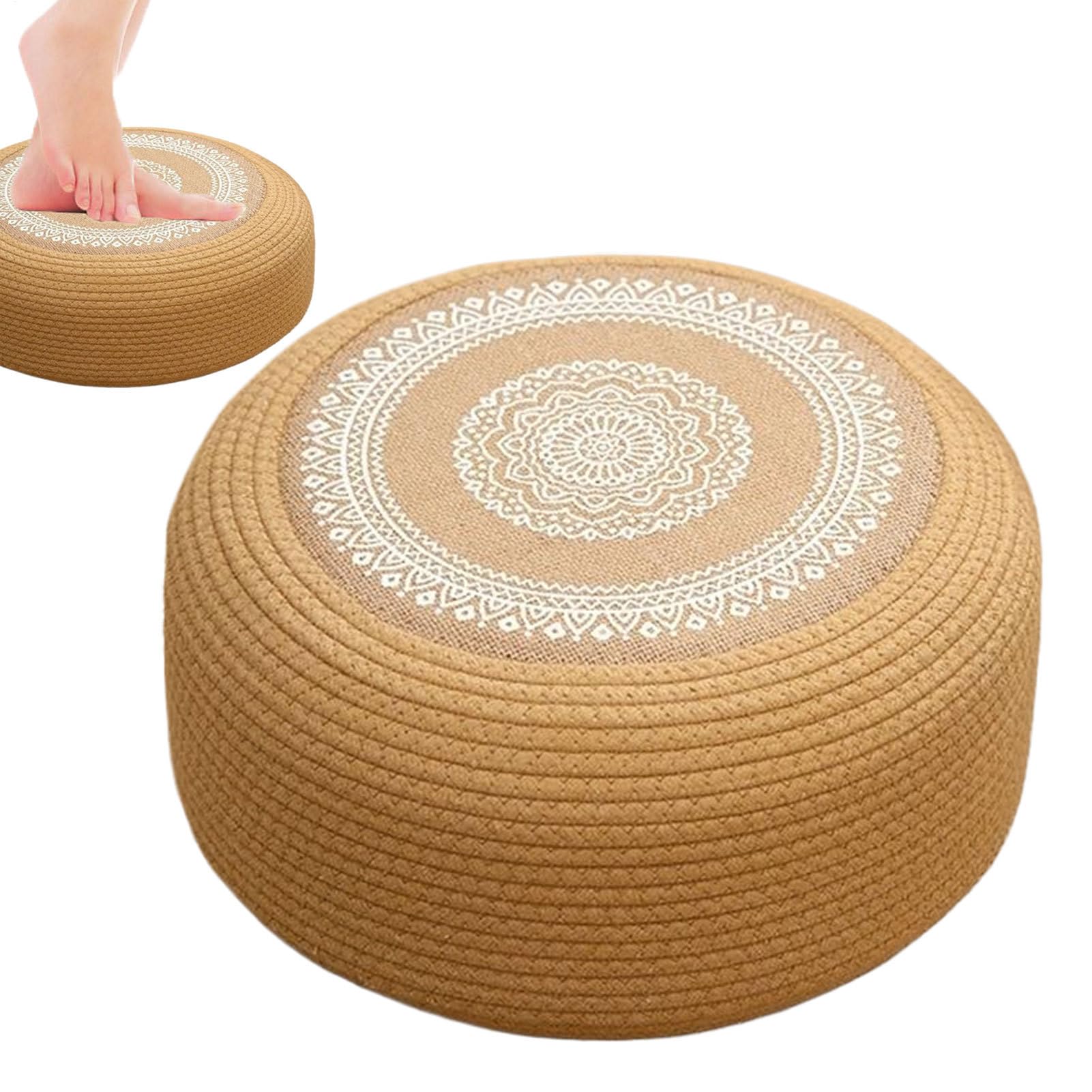 Generisch Cojín de suelo de yute natural, puf trenzado a mano con tejido transpirable 3D | Espuma multicapa para meditación, ceremonia del té, tatami – Costuras hexagonales resistentes a la