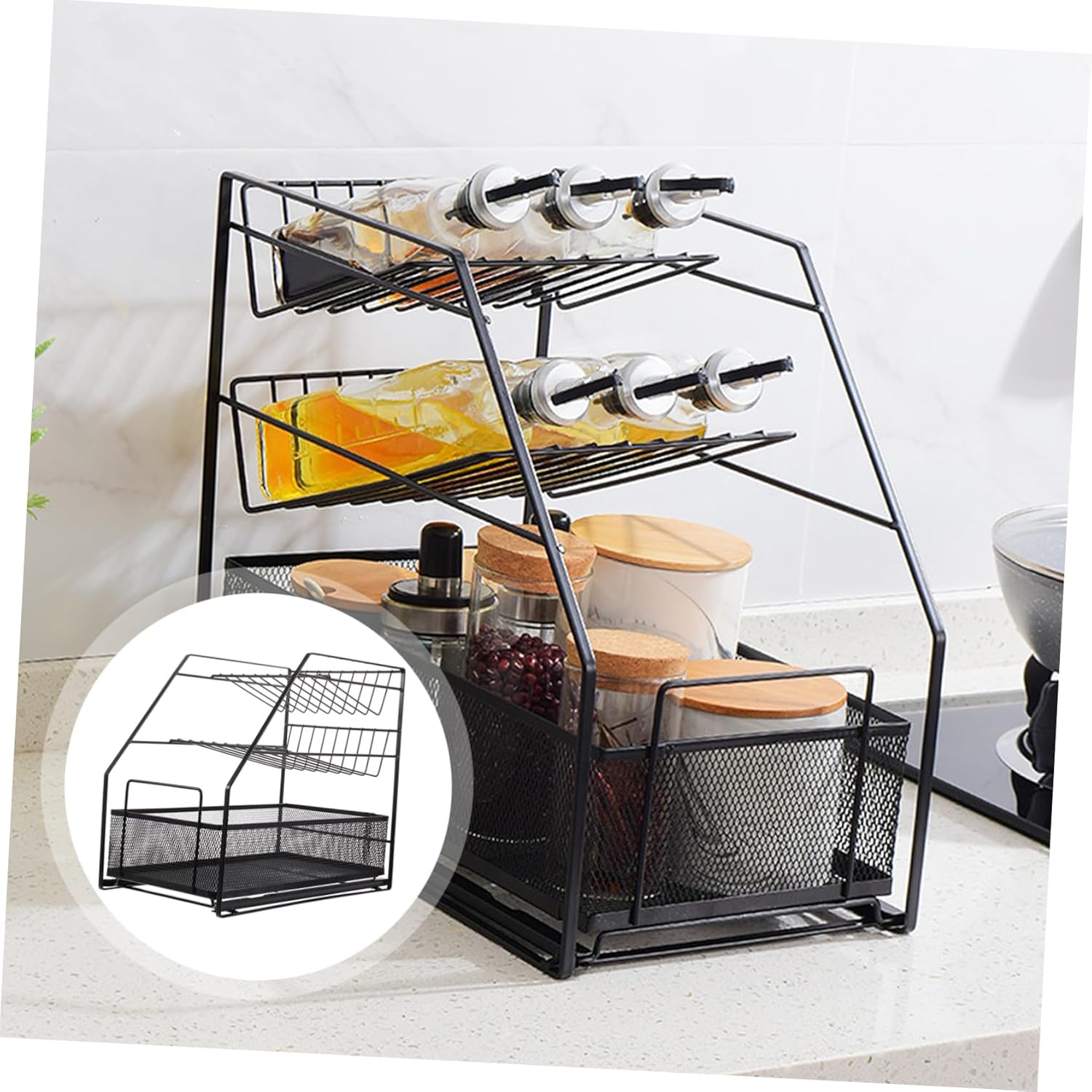 Three Tier Kitchen Spice Rack Organizer Seasoning Storage Holder for Cabinets Ergonomic Design with Inclined Shelves for Spices Cosmetics Bath