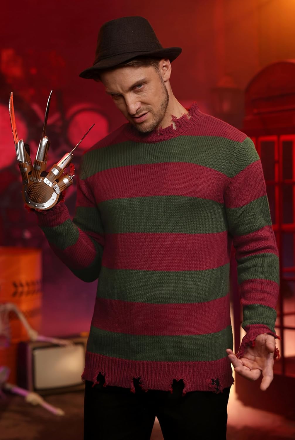 Arvilhill 3 Pcs Men's Halloween Scary Costume Claws Sweater Hat Nightmare Outfits (S-3XL) - Image 2