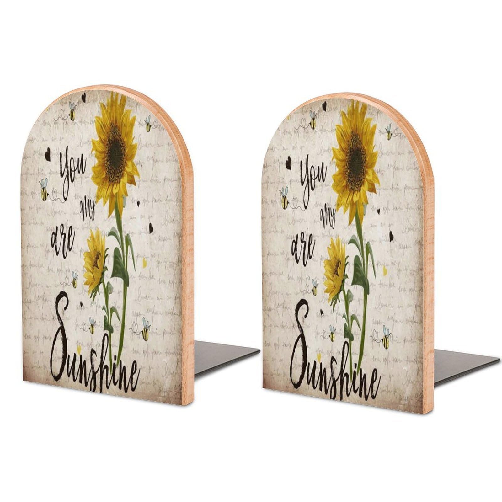 You are My Sunshine Sunflower Retro Newspaper Beech Wood Bookends Heavy Duty Book Organizers Desktop File Holder for Office Home Bookshelf
