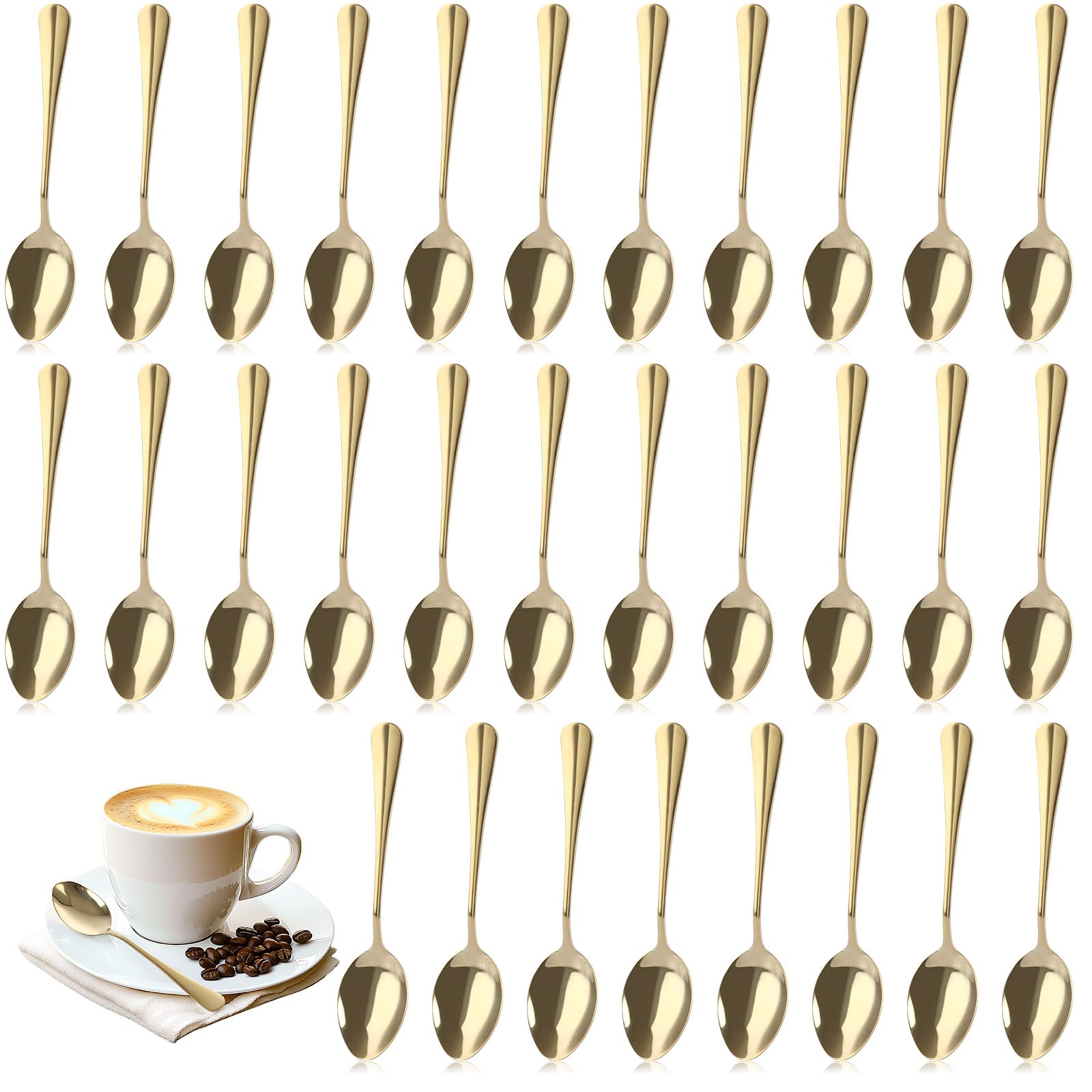 APACALI Lot de 30 cuillères à café en acier inoxydable de 17 cm, petites cuillères à café, cuillères à dessert, cuillères à latte pour la maison, la cuisine, le restaurant, doré