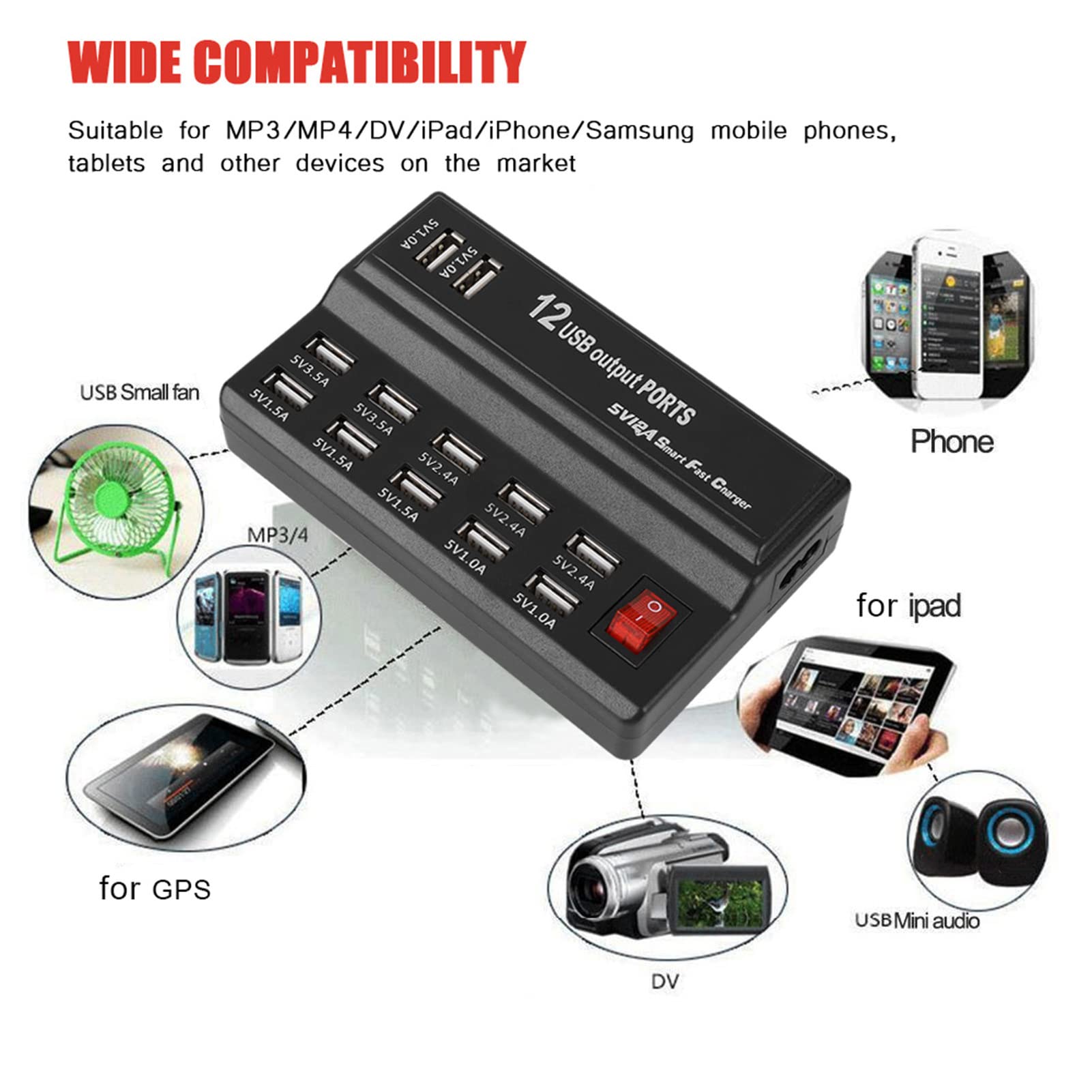 Hub USB 3.0, Hub Splitter USB 12 porte, Hub USB 3.0 5 V 12 A con adattatore di alimentazione per telefoni PC MP3 MP4 e altri dispositivi con ampia compatibilità per la casa