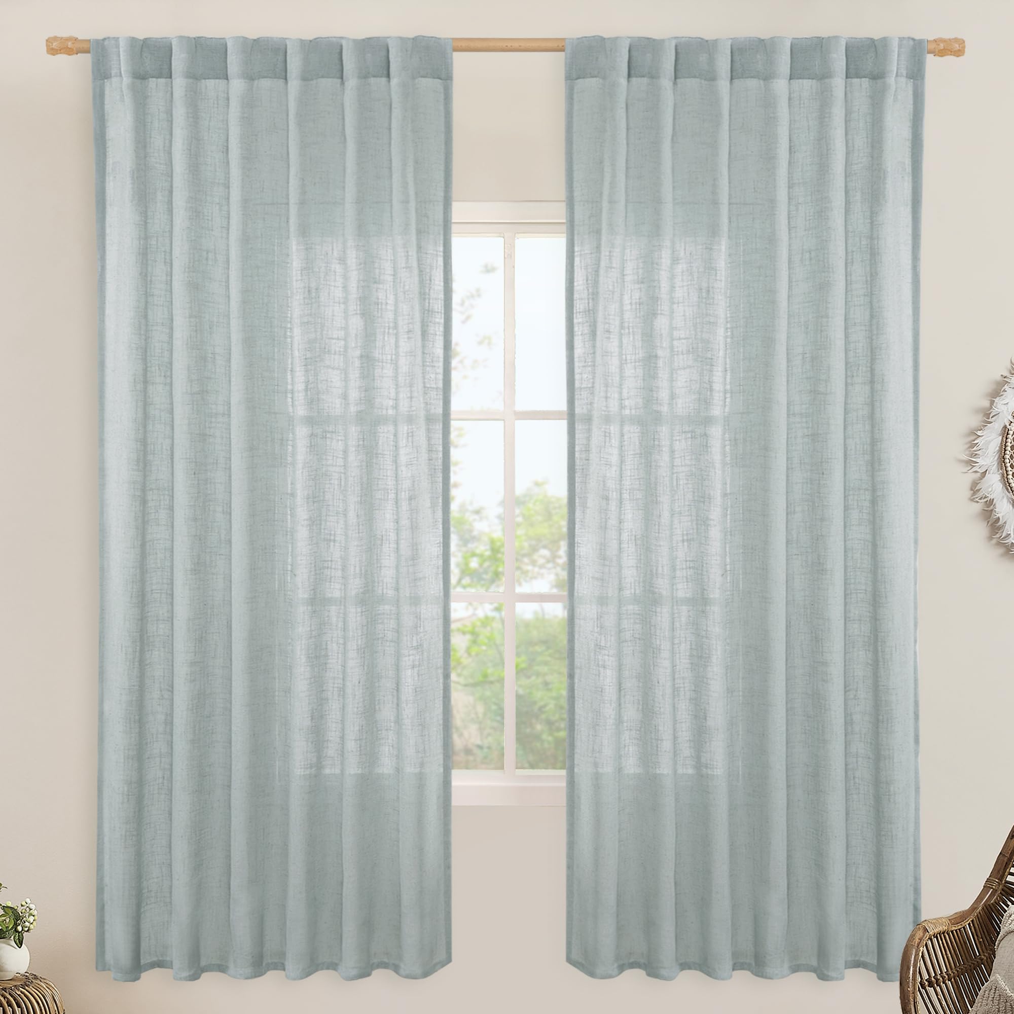 LAMIT Linen Blended Curtains for Bedroom, Faux Linen Textured Light Filtering Drapes Back Tab and Rod Pocket Boho Burlap Panels for Farmhouse/Living Room, 2 Panels, 52 x 72 Inch, Greyish Blue — image 1