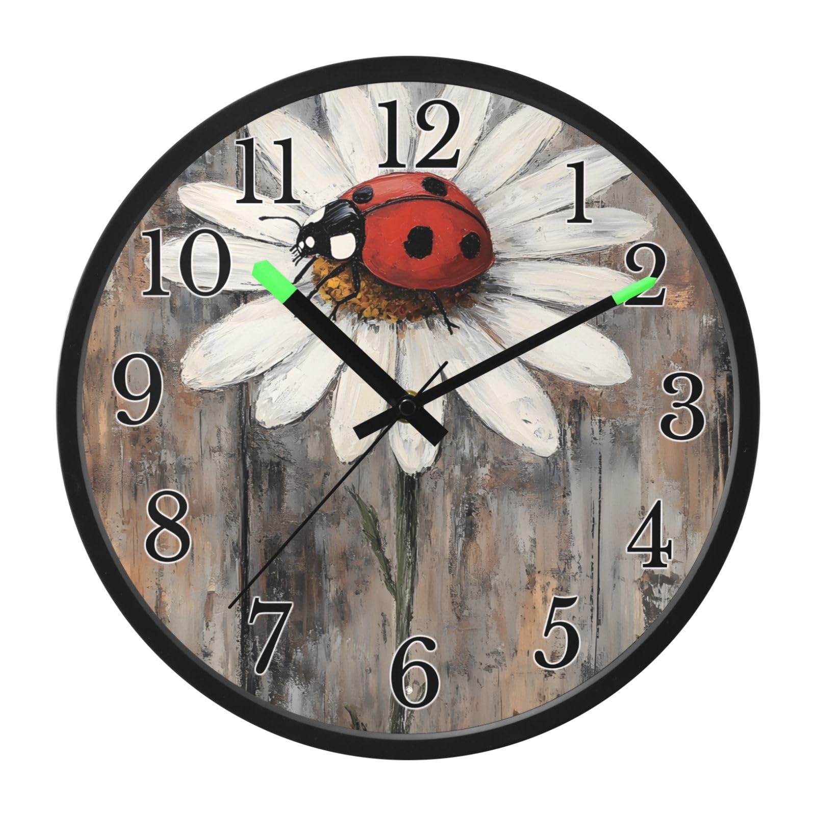 Mnsruu White Daisy - Reloj de pared de madera con diseño de mariquitas, funciona con pilas, silencioso, brilla en la oscuridad, para sala de estar, cocina, 30,5 cm