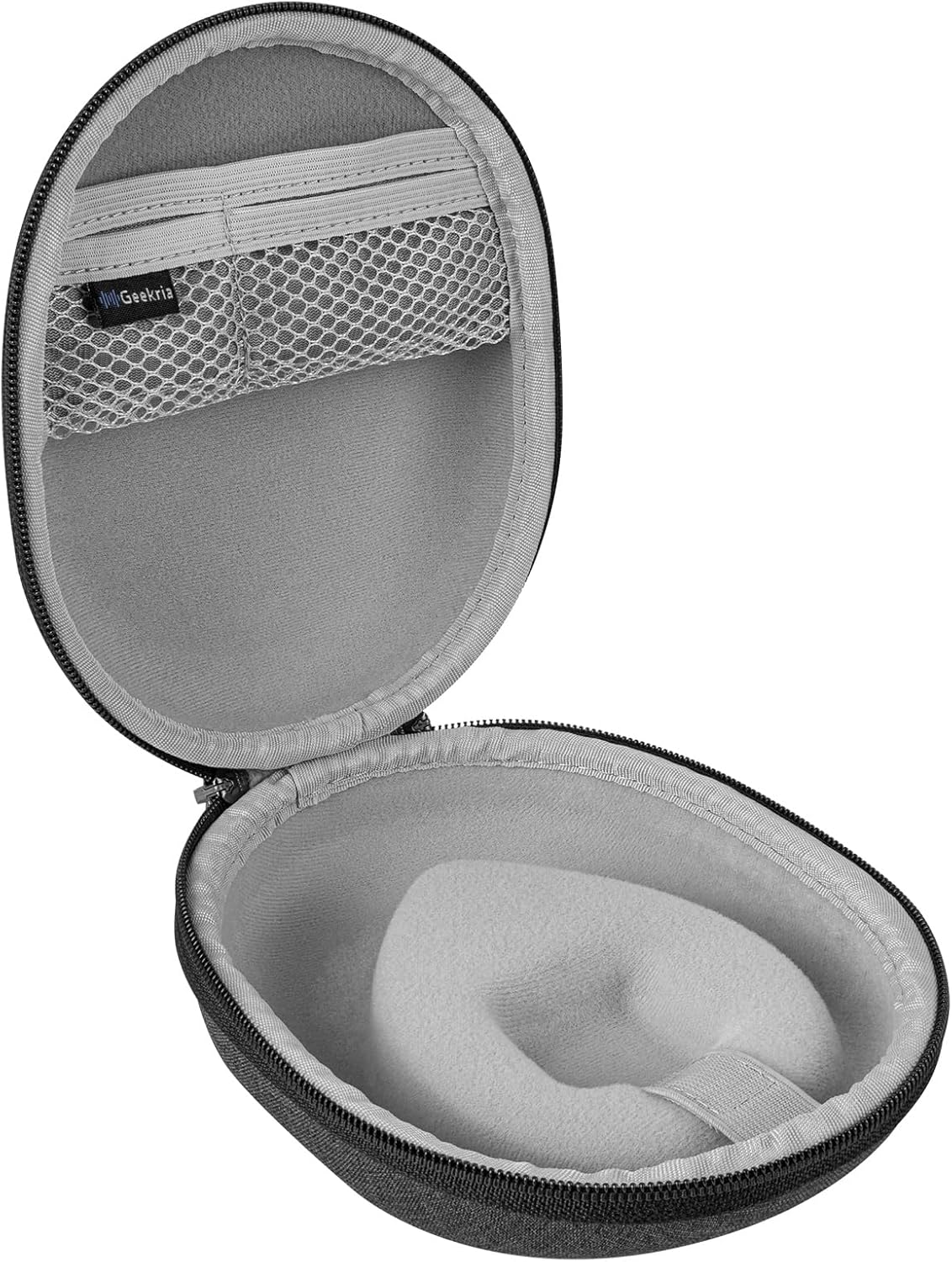 Interior of the GEEKRIA Shield case showing the mesh pocket for accessories.