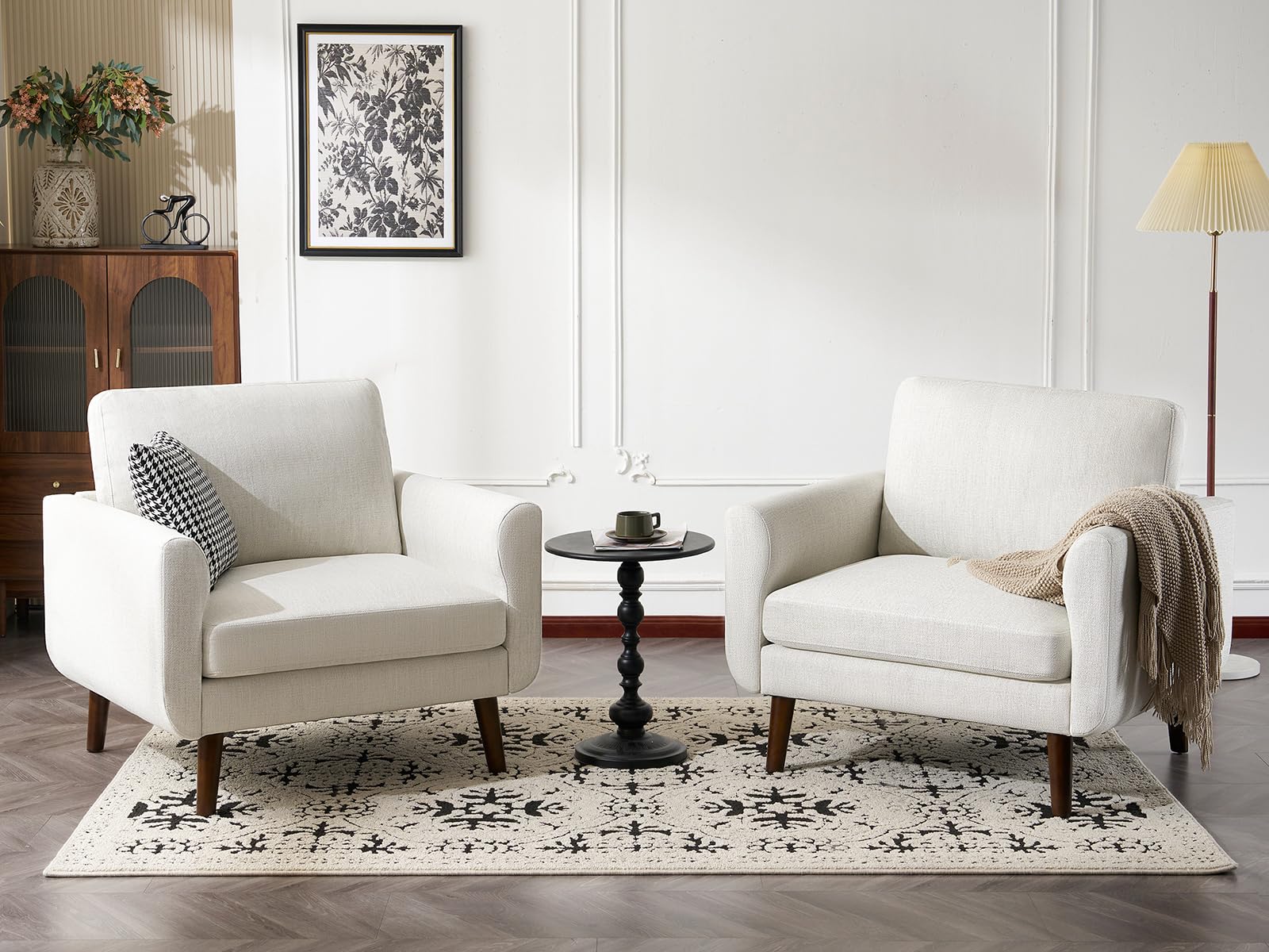 ELUCHANG Accent Chair Set of 2, Oversized Mid Century Modern Arm Chair Living Room Chairs, Soft Linen Fabric Sofa Chairs Upholstered Comfy Chair for Bedroom Apartment (Creamy White)