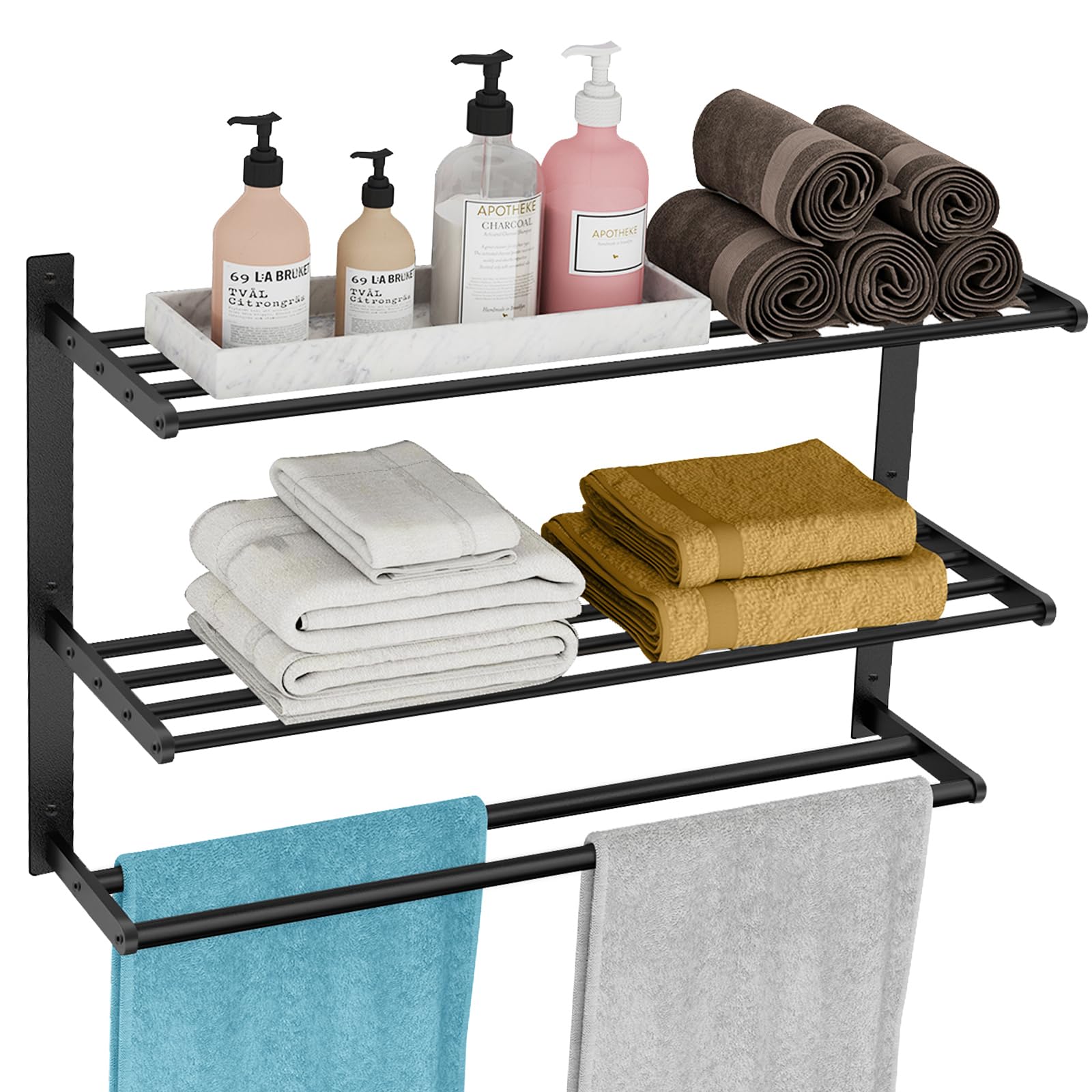 Photo 1 of Towel Racks for Bathroom 24 Inch, 3 Tier Towel Shelf with Double Towel Bar, Wall Mounted Towel Rack SUS 304 Stainless Steel, Towel Storage for Bathroom Lavatory, Black