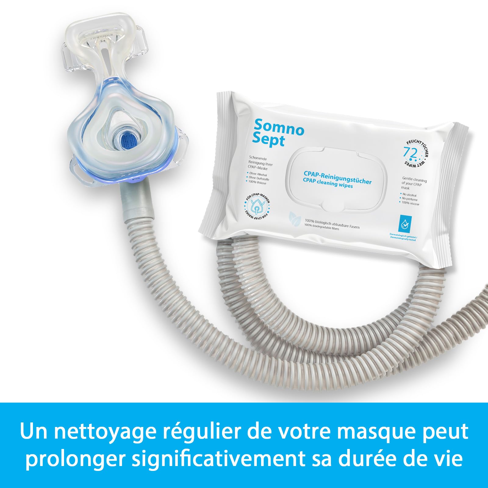 Lot de 3 paquets de 72 lingettes nettoyantes CPAP - Nettoyage rapide du masque CPAP - Pour un bon maintien du masque - Lingettes douces en 100 % viscose - Inodore - Testées