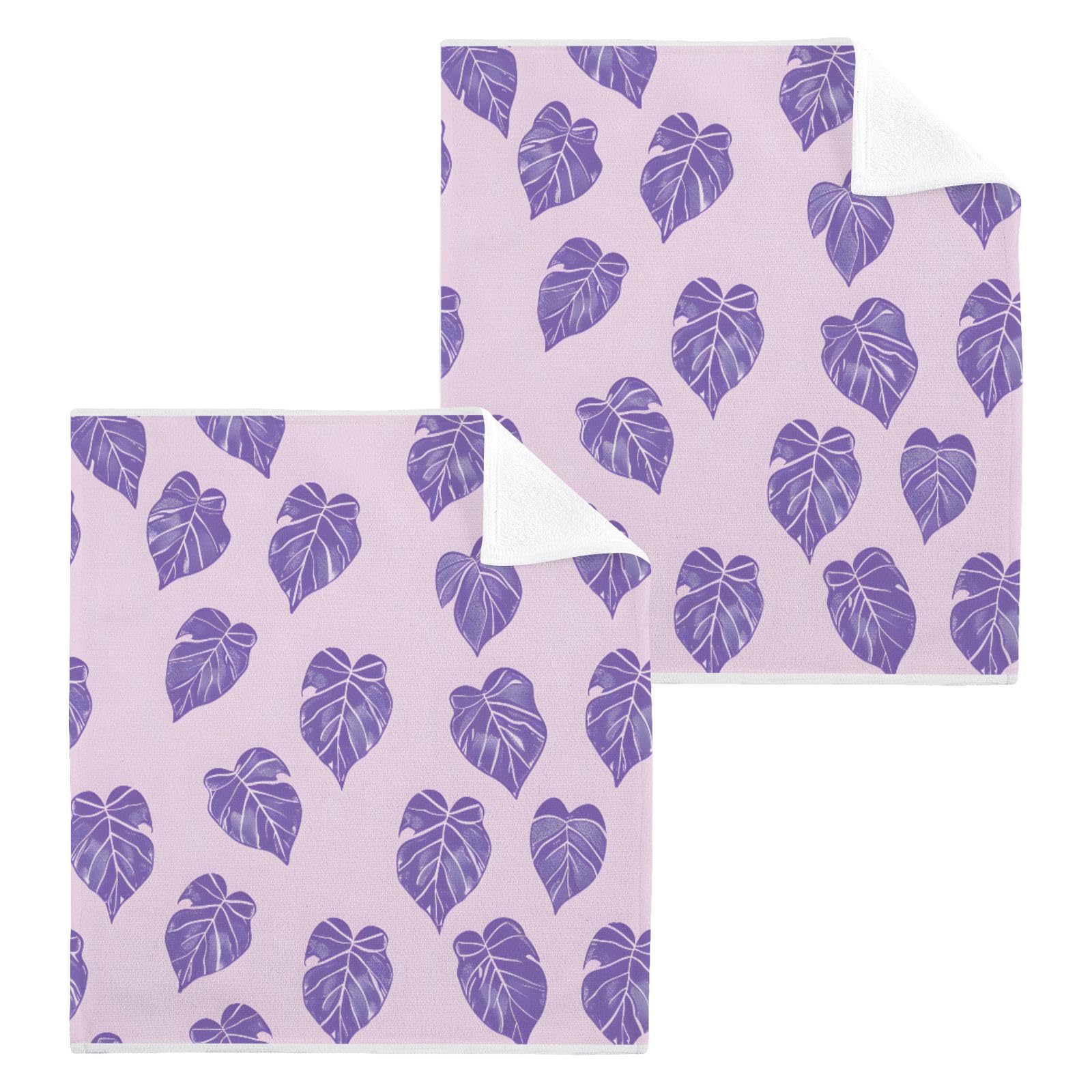 ALAZA Wash Cloth Set 100% Cotton Fingertip Towels Face Cloths Sets Purple Leaves Highly Absorbent Soft Feel Set of 2
