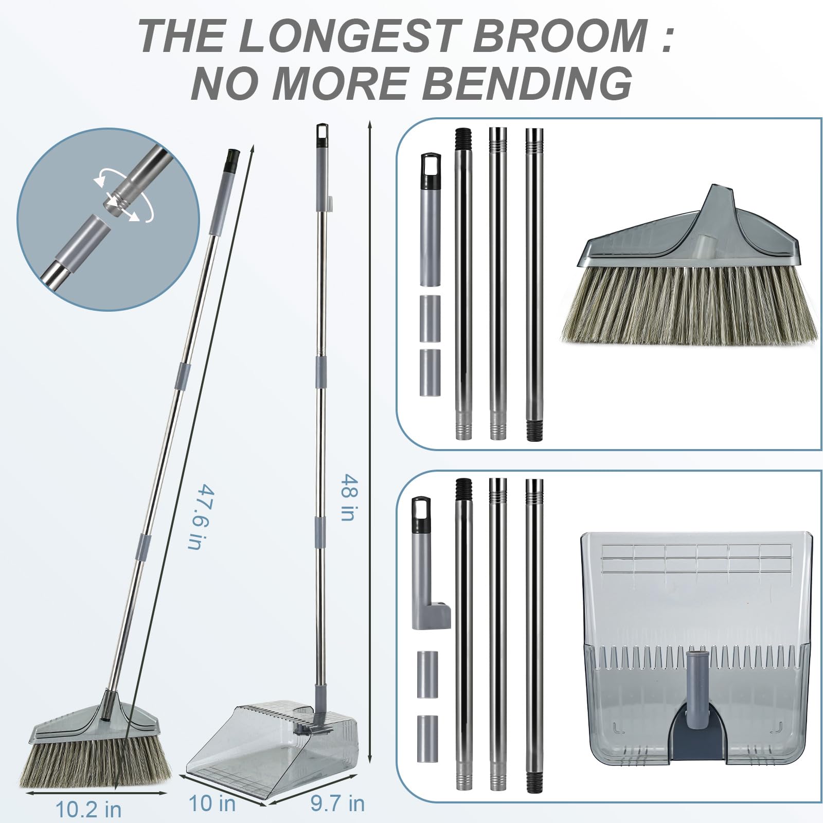 Broom with Dustpan Combo Set, Broom and Dustpan Set with Long Handle, Kitchen Broom for Sweeping Indoor Outdoor, Standing Dust Pan and Brush Broom Set for Home Office Lobby Floor Cleaning, Grey