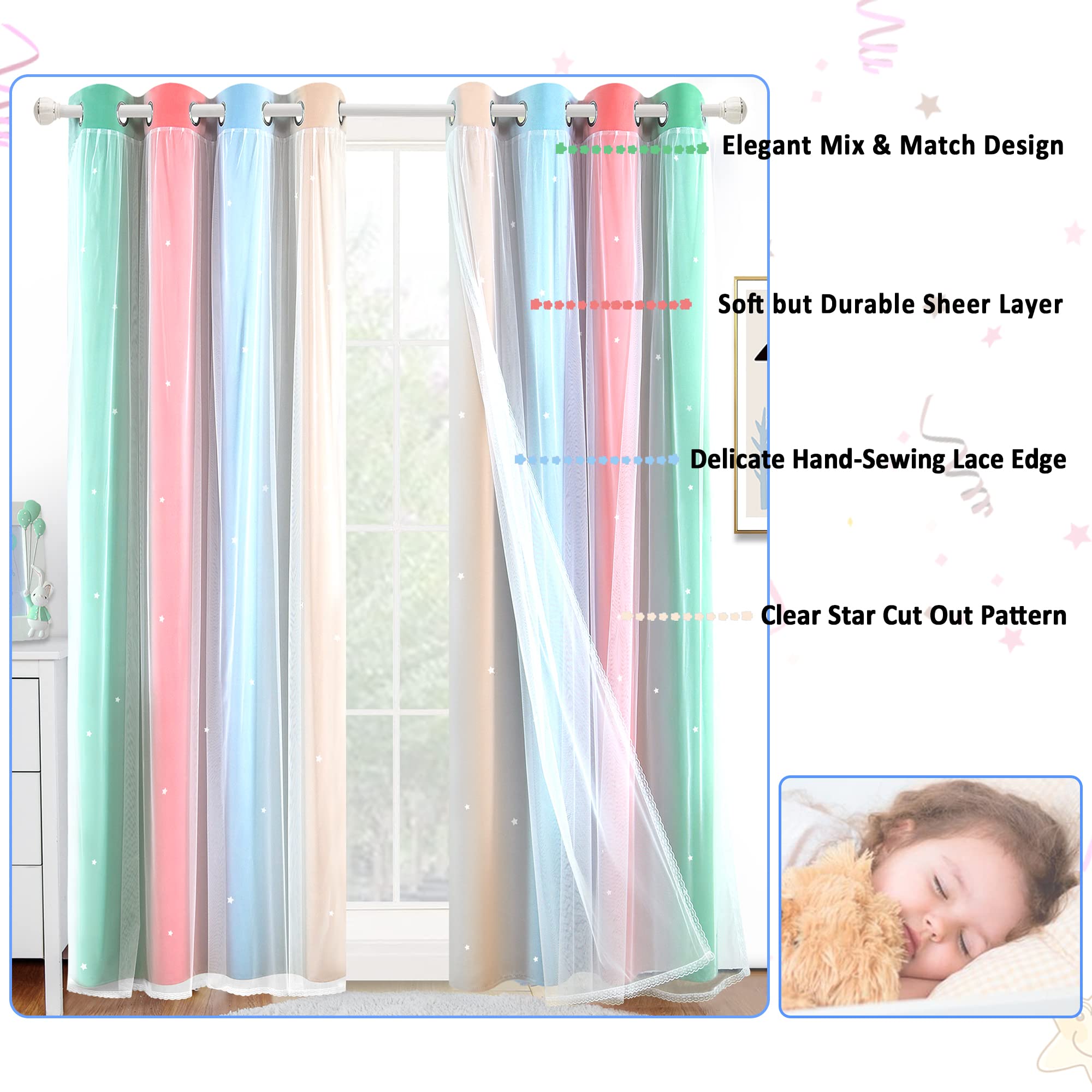Cortinas de dormitorio infantil con diseño de estrella arcoíris – Cortinas de 2 capas con aislamiento térmico para sala de estar, beige/azul, 52 pulgadas de ancho x 84 pulgadas de largo, 2