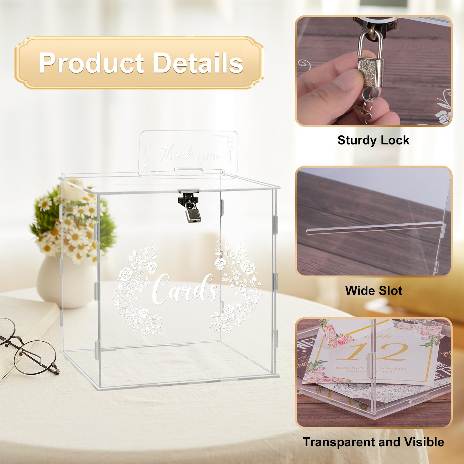 ECOSEAO Caja para Tarjetas de Boda de Acrílico, Caja para Tarjetas de Regalo con Cerradura y Ranura, Grande, Transparente, para Recepción, Cumpleaños, Aniversario