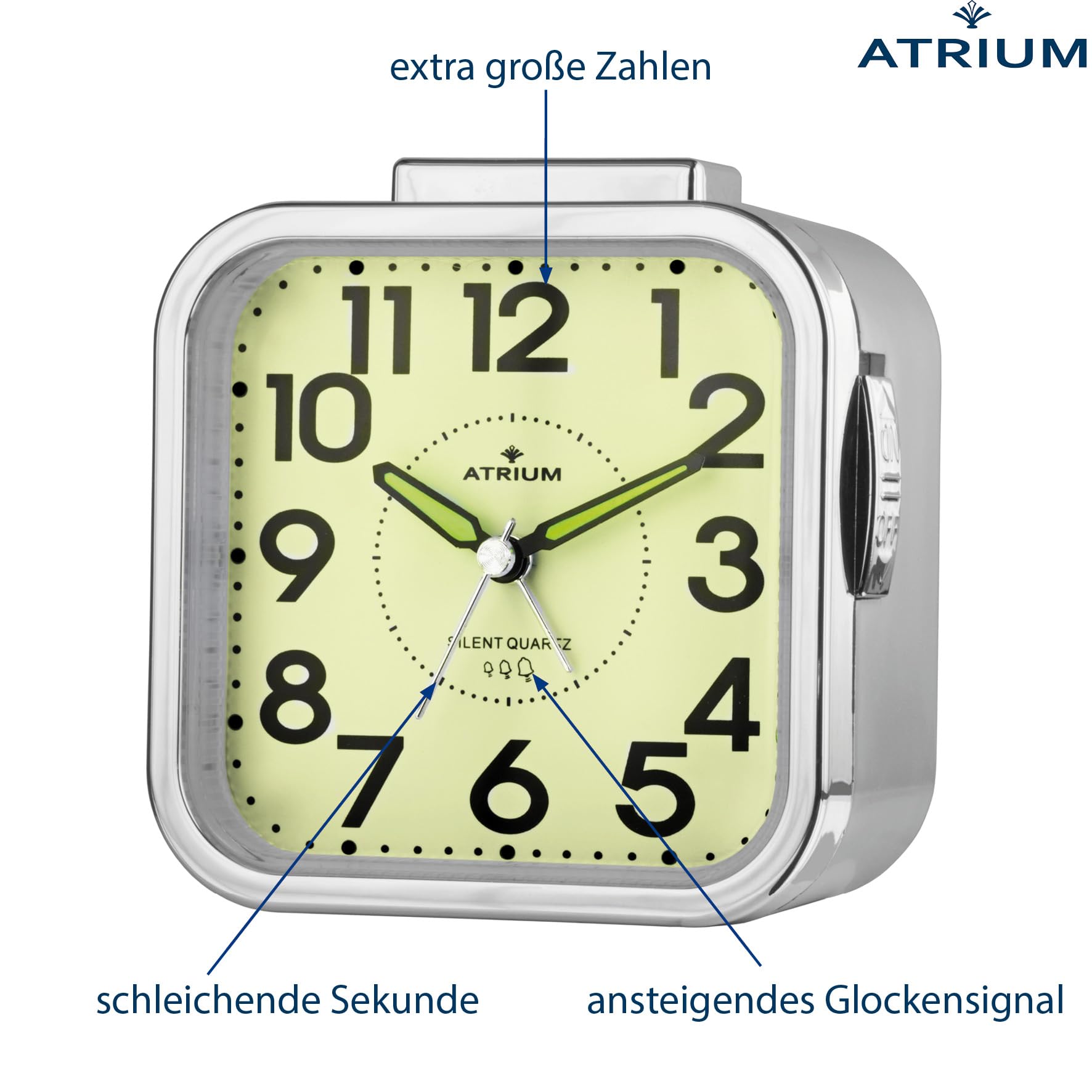 Atrium Budzik dla seniorów, bardzo wyraźny, ze świecącą tarczą, analogowy, kwarcowy, bez tykania, duże cyfry, bardzo głośny sygnał dzwonka, kolor srebrny A530-18