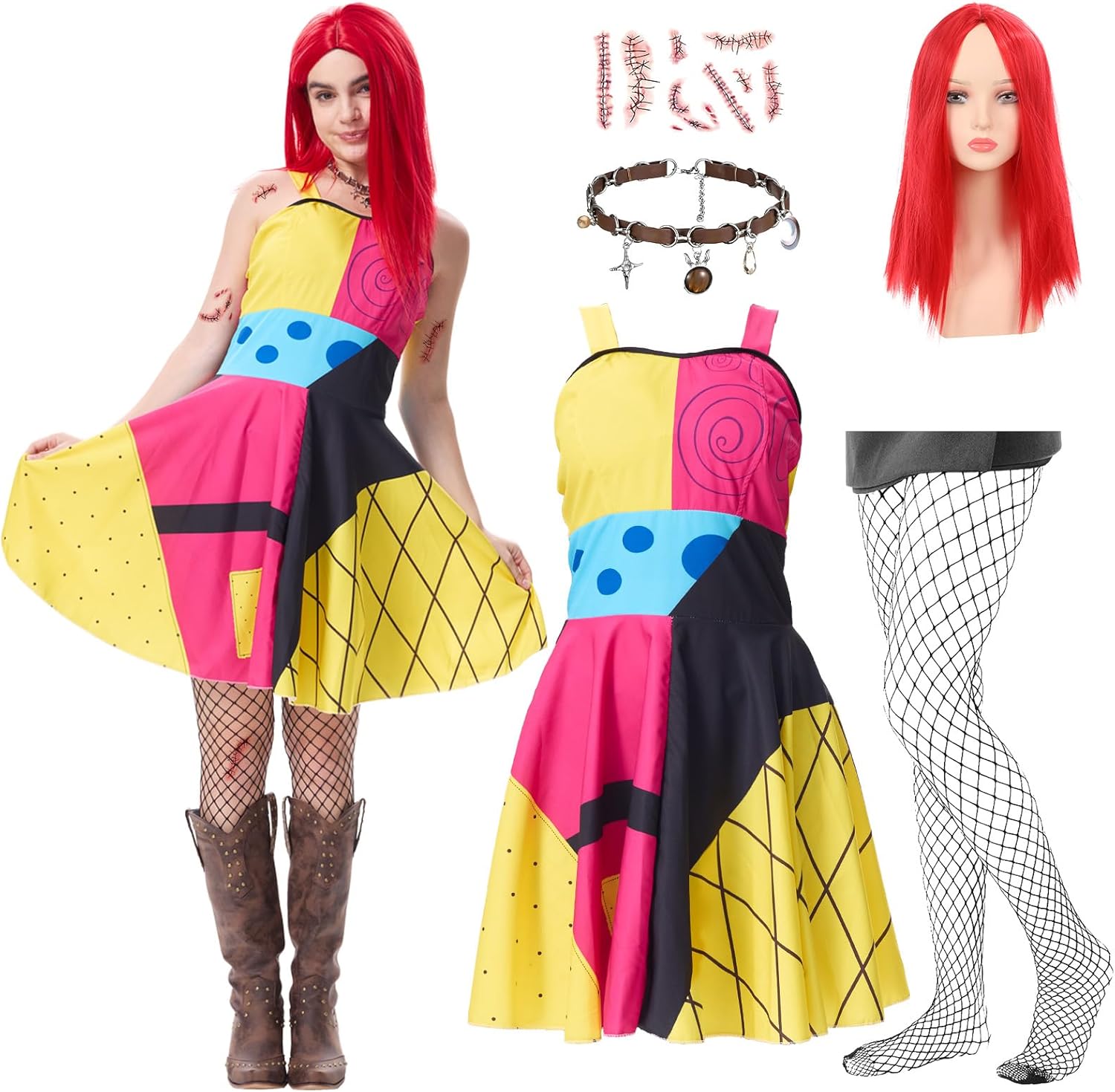 6PCS Sally Christmas Costume Women Adult, Cosplay Dress with Red Wig Fishnet Tights, Halloween Party Dress Up