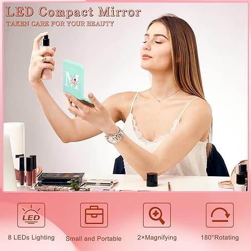 Miniatura 3 de Regalos personalizados para mujer, espejo compacto con inicial con luz, espejo LED Preppy Stuff 1X3X, espejo de aumento, espejo de viaje, mini