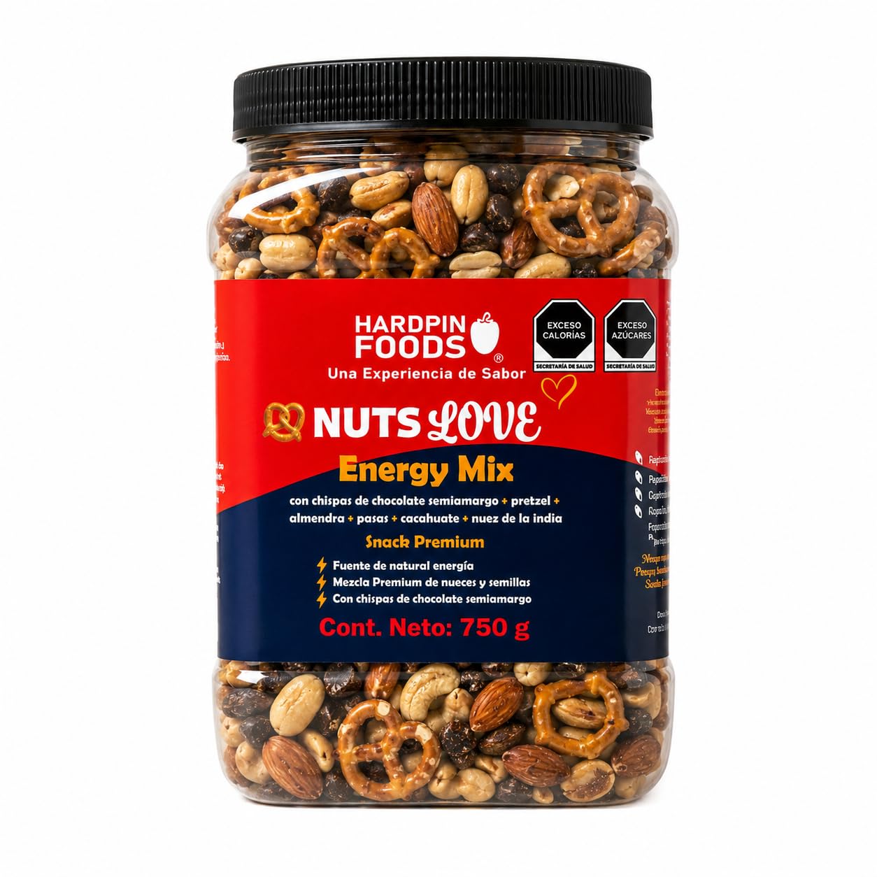 Hardpin Foods Mix de Nueces Premium Nutslove Energy Mix 750 g | Con Chocolate Semiamargo, Almendra, Nuez de la India, Cacahuate, Pretzel y Pasas | Snack Energético Natural Alto en Proteína Vegetal y Grasas Saludables