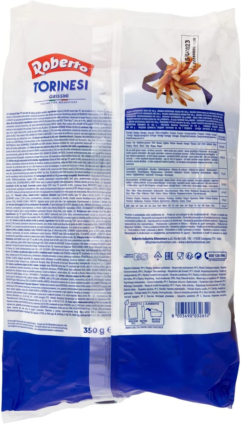 Italian Gourmet Bundle Grissini Torinesi 6x 350g + Italian Gourmet Polpa Gratis – Italienische Brotstangen, knusprige Grissini, Snackgebäck für Antipasti, Aperitif, Käse, Schinken, Suppen, Salate