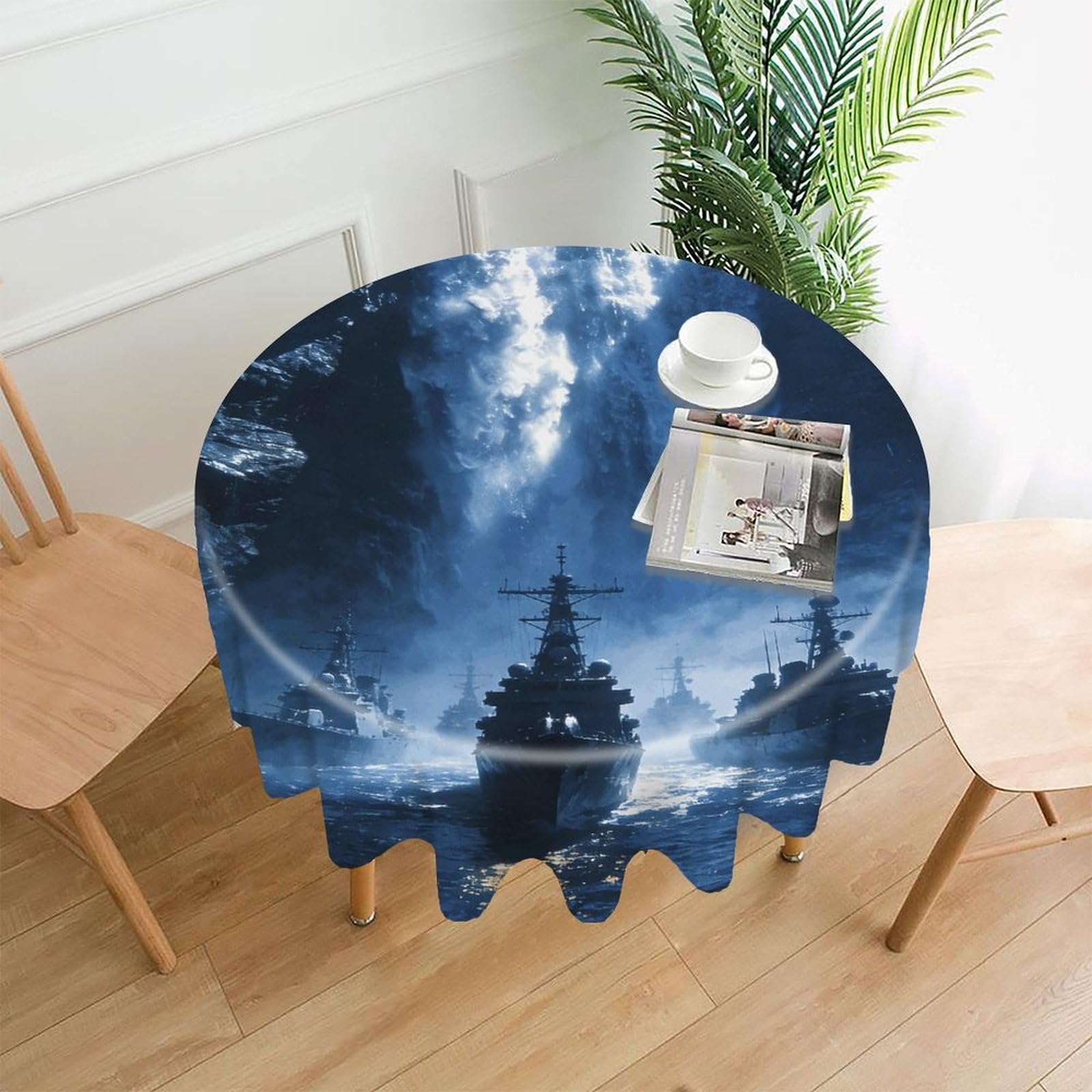 LZQPOEAS Waterfall Navy Tablecloth Easy to Clean Polyester Round Table Cover Washable Round Table Cloth Wrinkle-Free Circle Decoration Tablecloth for Kitchen and Dining Room 60"
