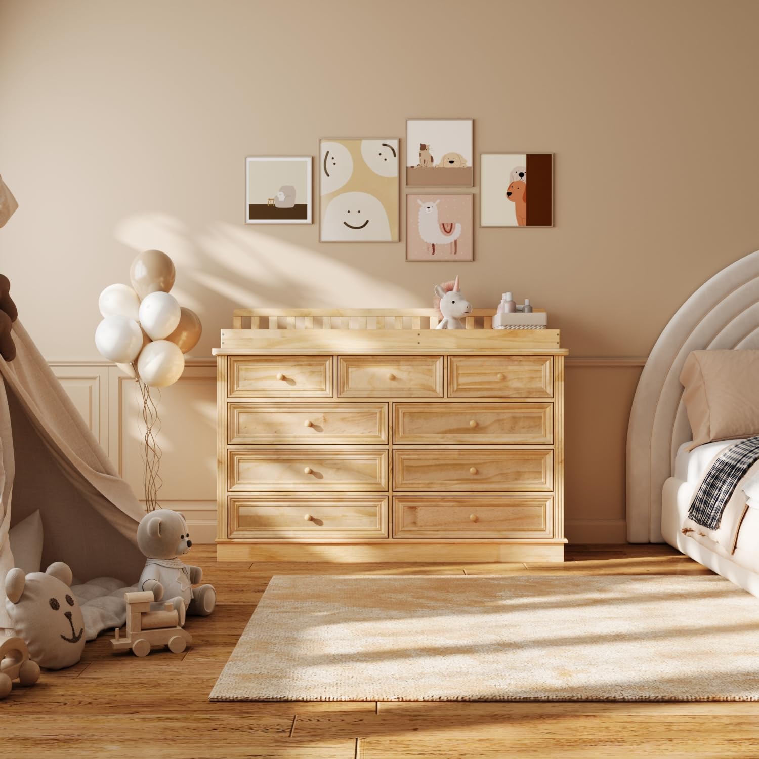 Cambiador grande de madera maciza, 9 cajones, borde extra alto, cómoda para pañales con gran espacio de almacenamiento, 140 × 48 × 102 cm, color natural