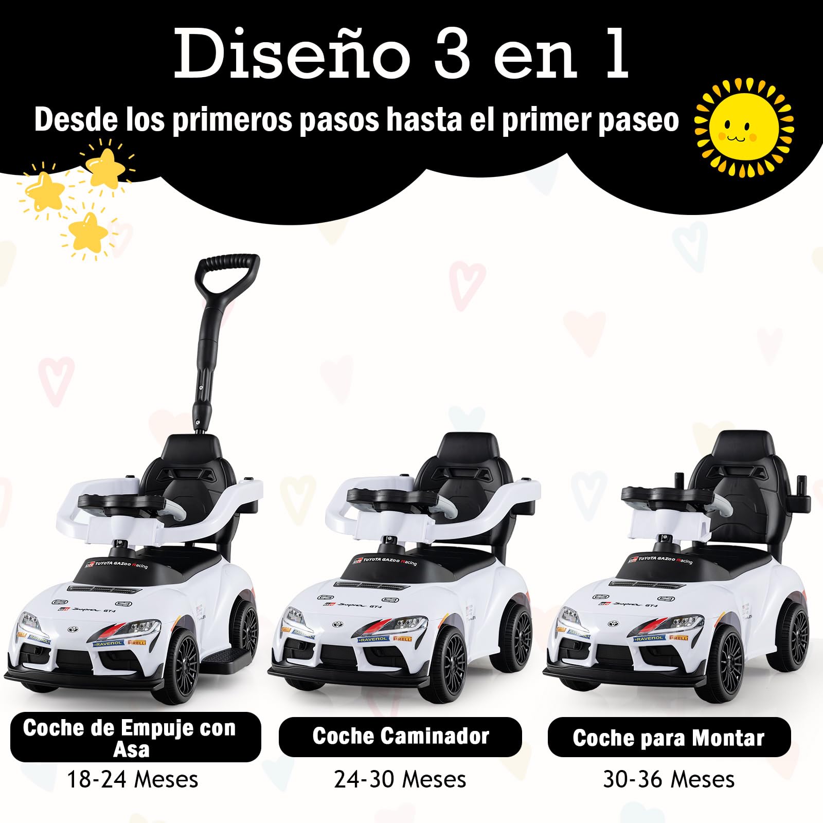 GOPLUS Correpasillo 3 en 1, Coche Correpasillos para Niños con Barra de Empuje, Barandilla de Seguridad Desmontables, Volante con Sonido y Música, Almacenaje bajo Asiento, para 1,5-5 Años (Blanco)