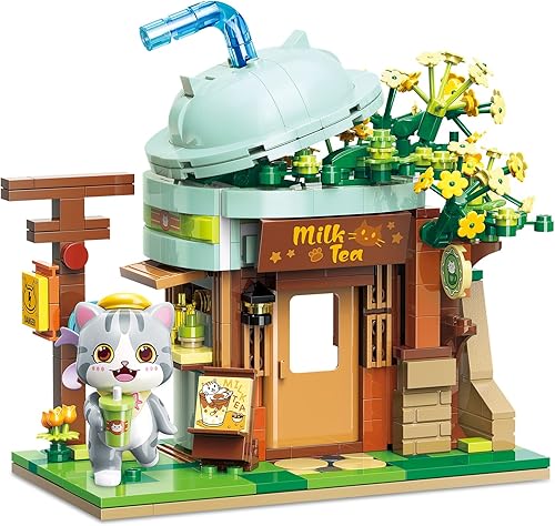 Juego de construcción de tienda de té con leche para gatos, casa de amigos, kit de construcción lindo y creativo, con un gato encantador, juguete de
