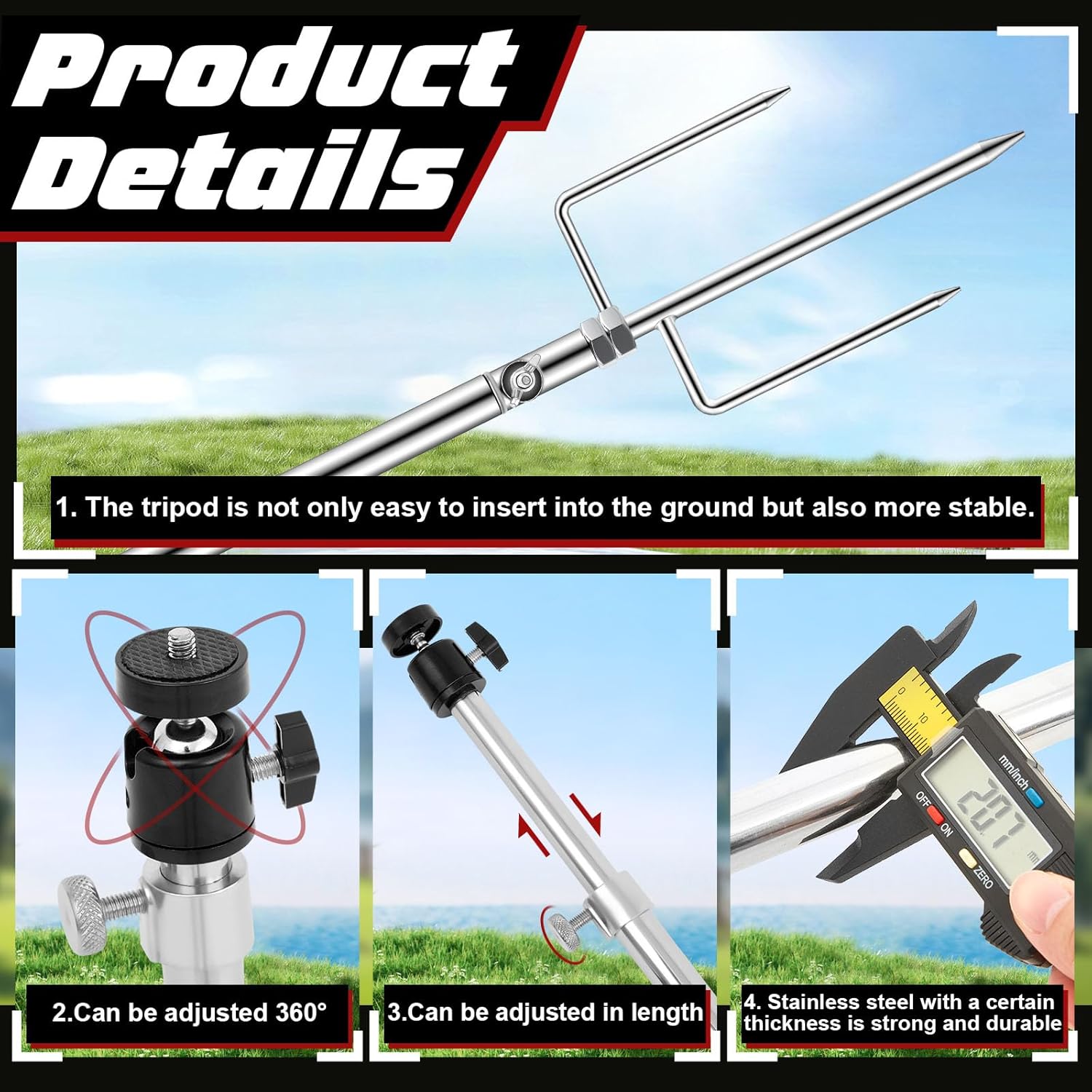 Trail Game Camera Stand Thick Foldable Stainless Steel Game Camera Stake Mount 360° Adjustable Bracket Ground Holder Post 1/4"-20 Thread for Hunting Deer Outdoor Night Fishing