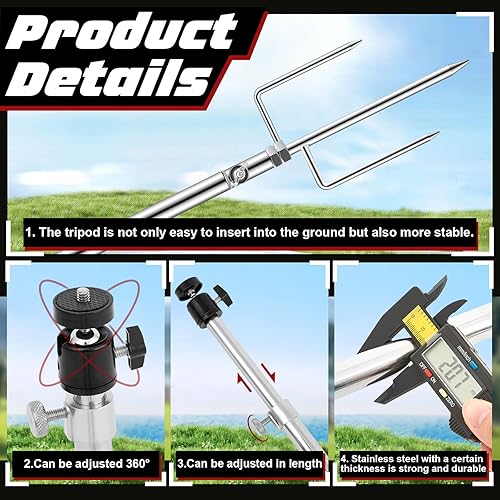 Miniatura 3 de Soporte para cámara de juego de sendero, grueso, plegable, de acero inoxidable, soporte de estaca para cámara, soporte ajustable de 360°, poste de