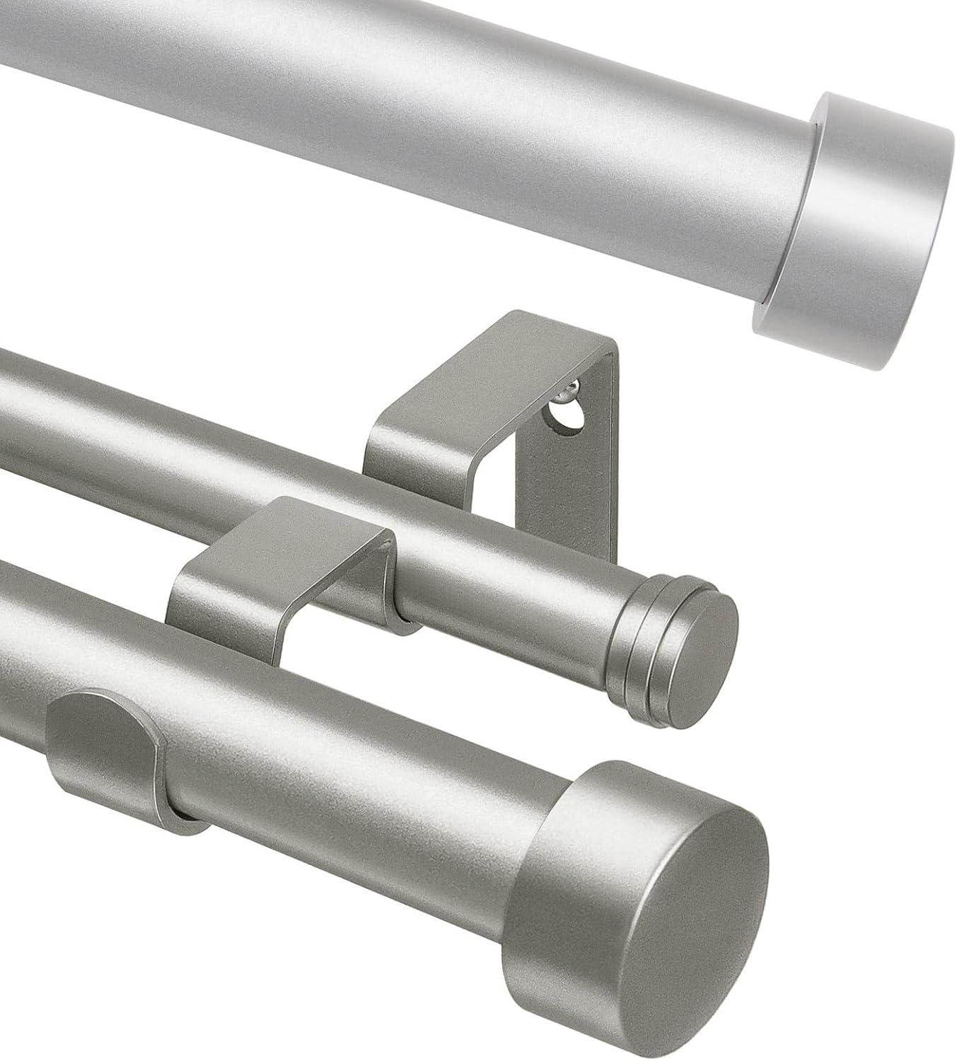 KAMANINA Bundle of 72 to 144 inch Antique Silver Double Curtain Rod and 48 to 84 Inch Silver Curtain Rod, Modern Simple End Cap
