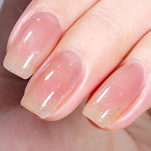 AILLSA Esmalte de uñas en gel con purpurina coral translúcido, esmalte de uñas color nude brillante naranja, esmalte de uñas iridiscente brillante