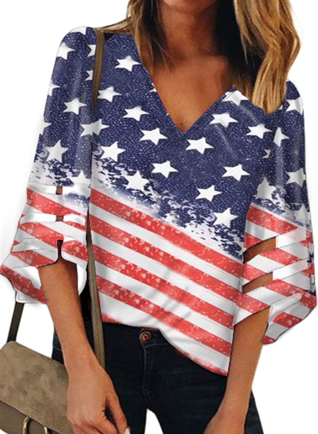Womens 3/4 Bell Sleeve V Neck Lace Patchwork Blouse Casual Loose Shirt Tops