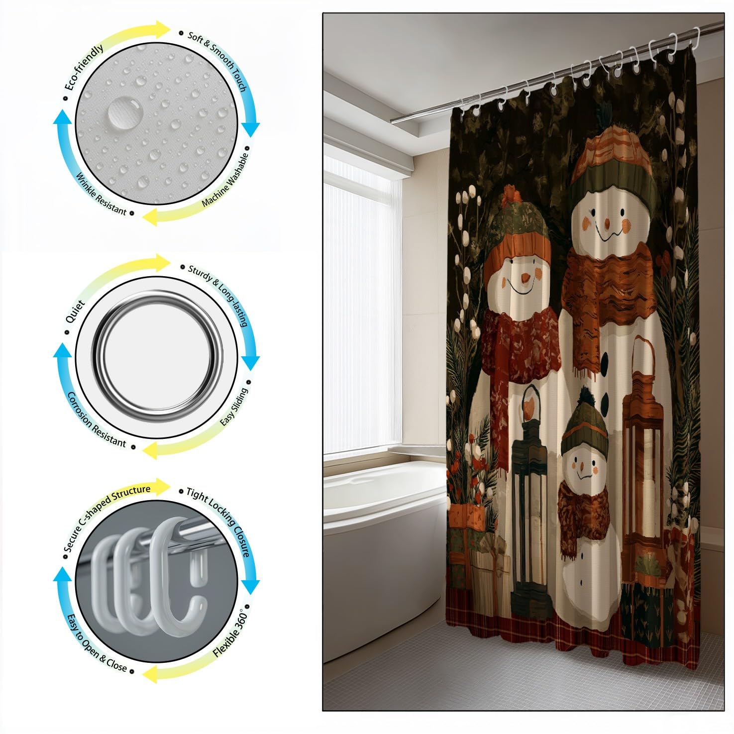 Generico Zasłona prysznicowa 240 x 200 cm, 1 sztuka, miękka mikrofibra, wodoodporna i odporna na pleśń, zmywalna, do łazienki lub wanny, z oczkami i haczykami, Siena, bałwan latarnia
