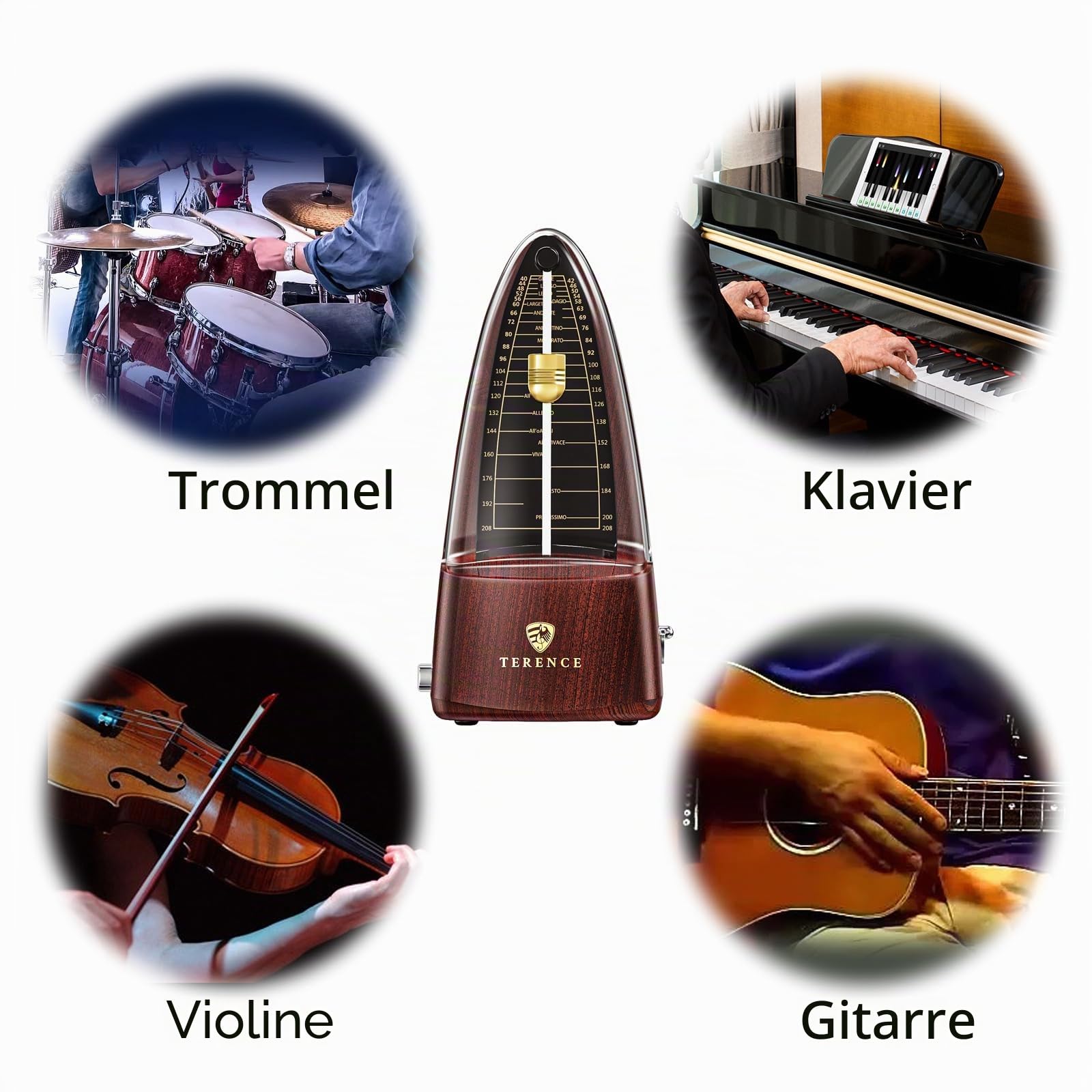 TERENCE Mechanisches Metronom für Klavier Gitarre Bass Violine mit hoher Präzision Traditionelle Pyramide Holzfarbe