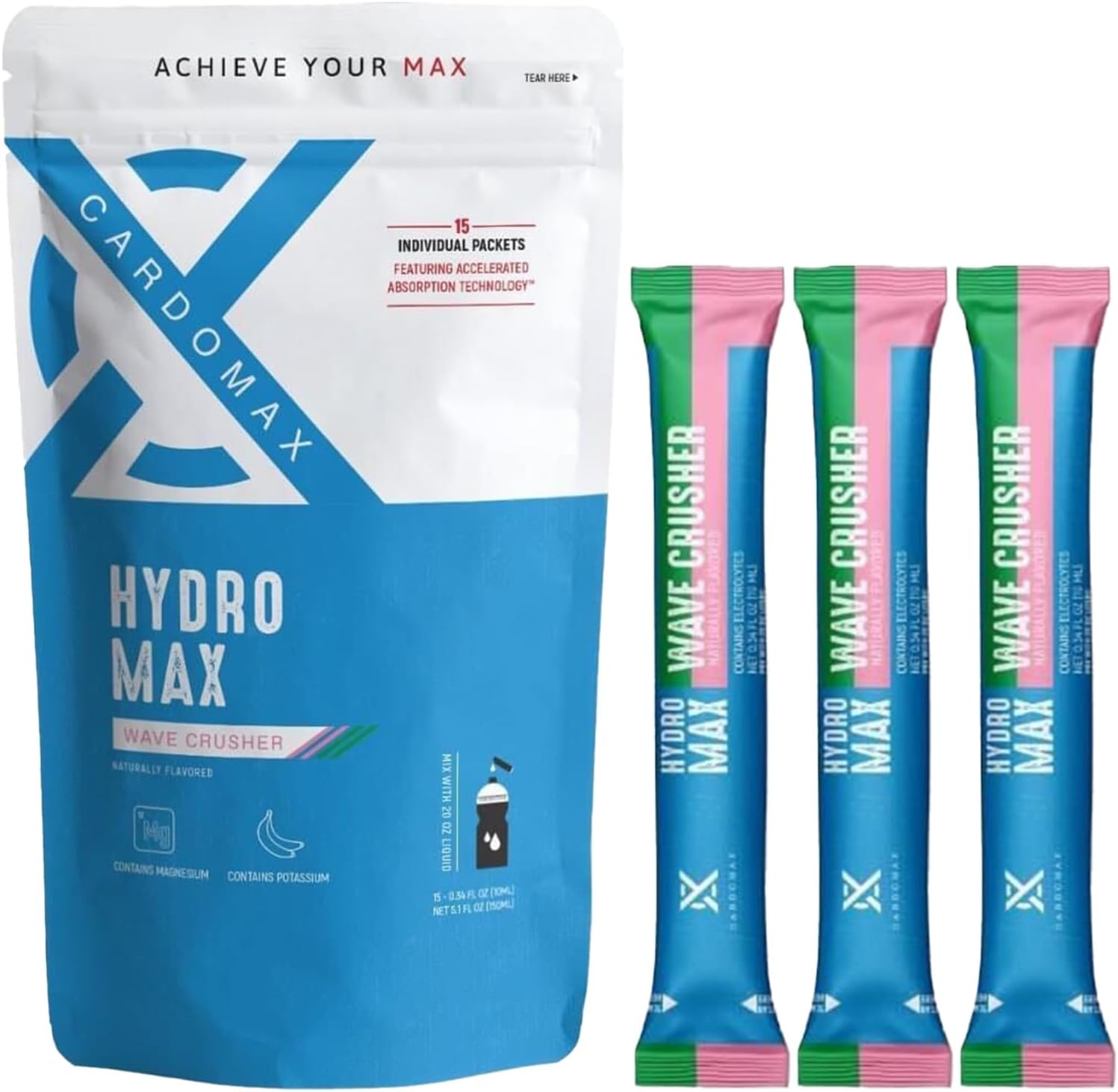 CardoMax Hydration Packet Electrolyte Drink Mix - HydroMax Liquid Water Packets, Zero Calories, Sugar-Free, Keto-Friendly 15 Single Serve Sticks (Wavecrusher Flavor), Pack Of 1