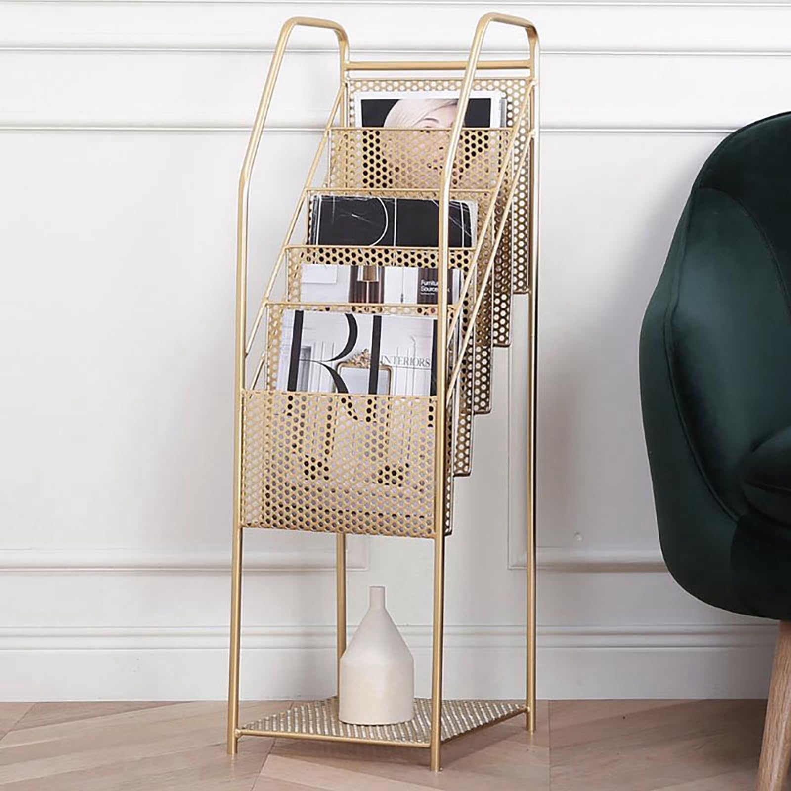 Prospektständer im Hochformat, 5 GroßE Taschen Iron Zeitschriftenständer Magazine Rack Stand, Prospekthalter für Menüs Prospeketen Katalogen Preiskarten(Black)