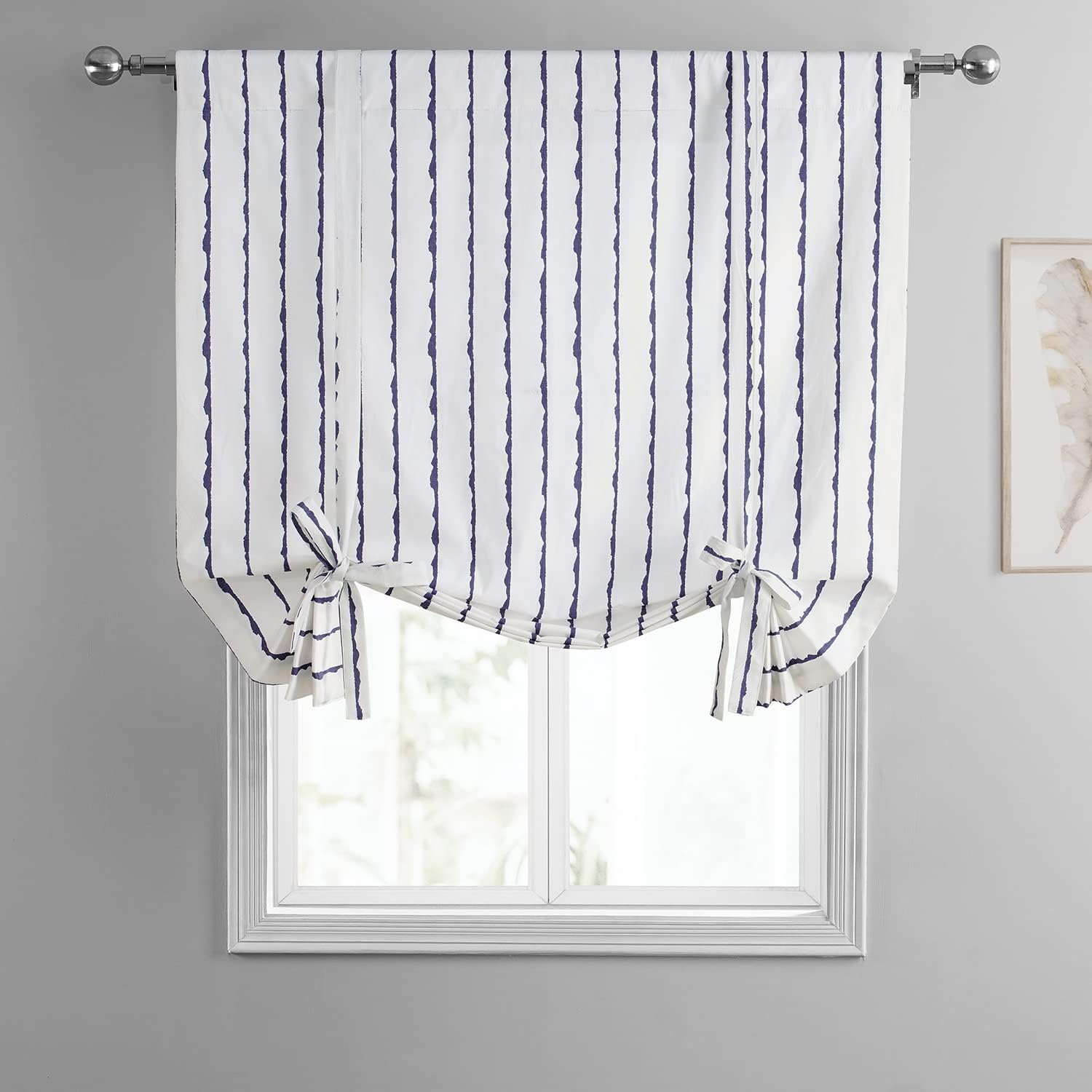HPD Half Price Drapes Printed Cotton Room Darkening Tie Up Curtains for Windows - 46 x 63 Roll Up Balloon Curtain for Living Room, Kitchen (1 Panel), PRCT-TUD213B-63, Sharkskin Blue Stripe