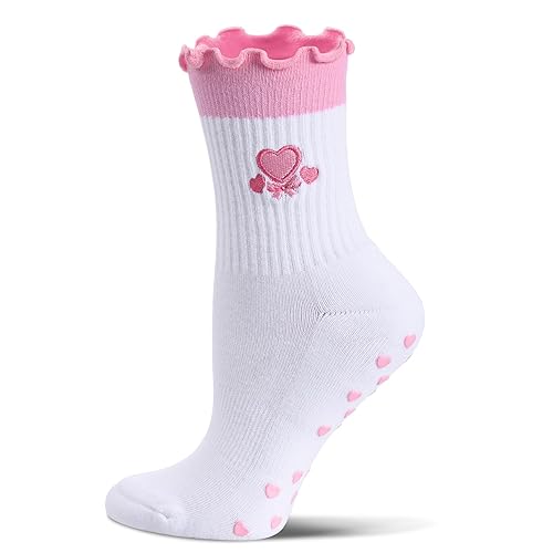 Cute Pilates Socks with Grips for Women Ruffle Cuff Embroidery
