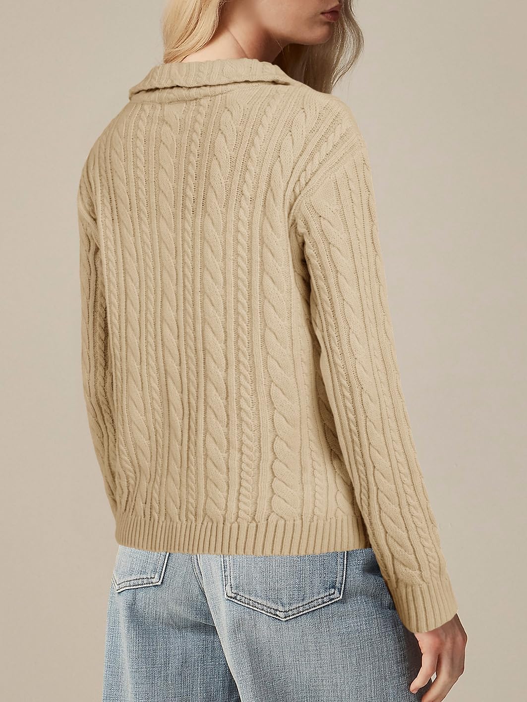 Saodimallsu Womens Cable Knit Cardigan Zip Up Collared Long Sleeve Vintage Sweater Loose Open Front Coats - Image 6