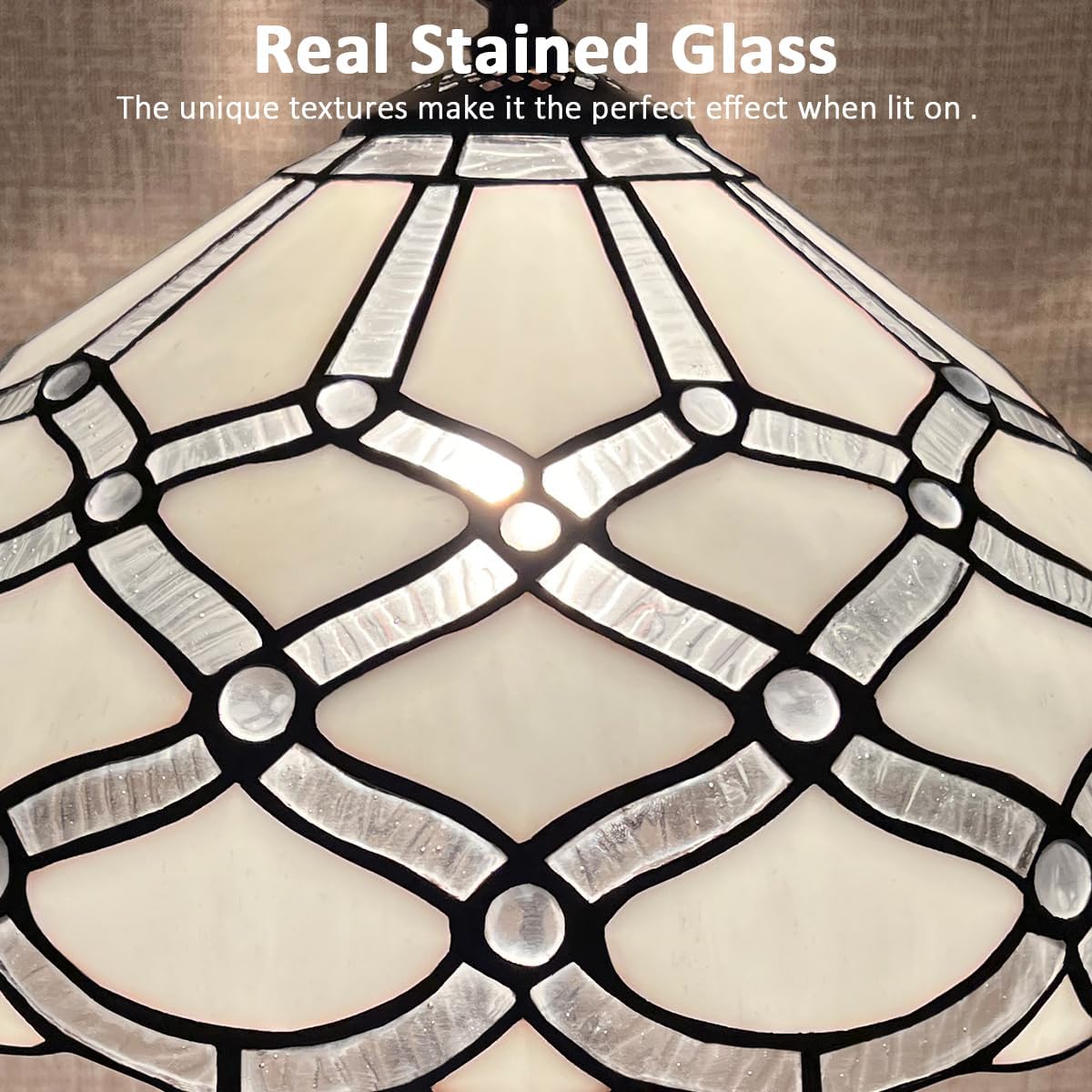 Tiffany Table Lamp,White Stained Glass Table Light,Antique Style Medium Size Desk Lamp Vintage Beside Reading Lamp for Living Room Bedroom Office