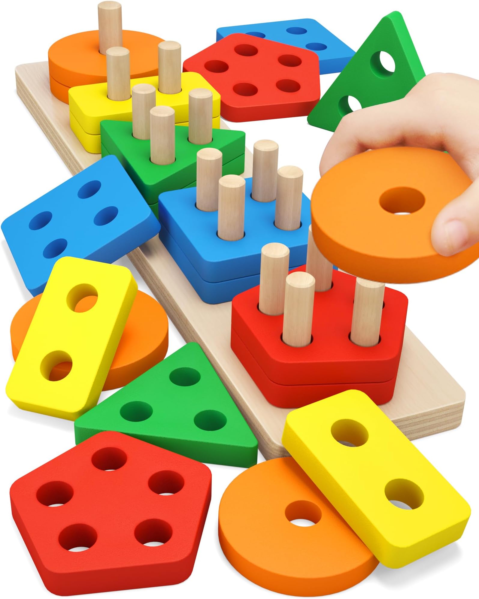 Montessori Toys for 1 to 3-Year-Old Boys Girls Toddlers, Wooden Sorting & Stacking Toys for Toddlers and Kids Preschool, Educational Toys, Color Recognition Stacker Shape Sorter, Learning Puzzles Gift