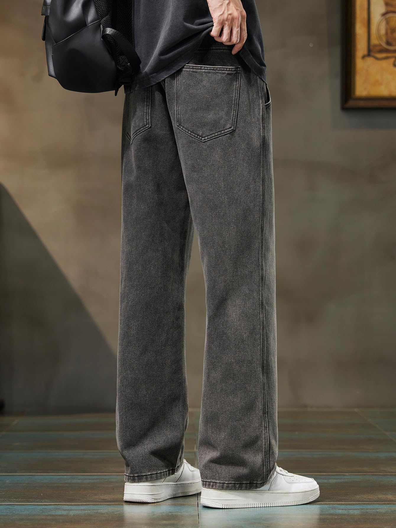 Pantalones vaqueros para hombre con cintura elástica y cordón, piernas holgadas rectas, denim ligero extremadamente suelto