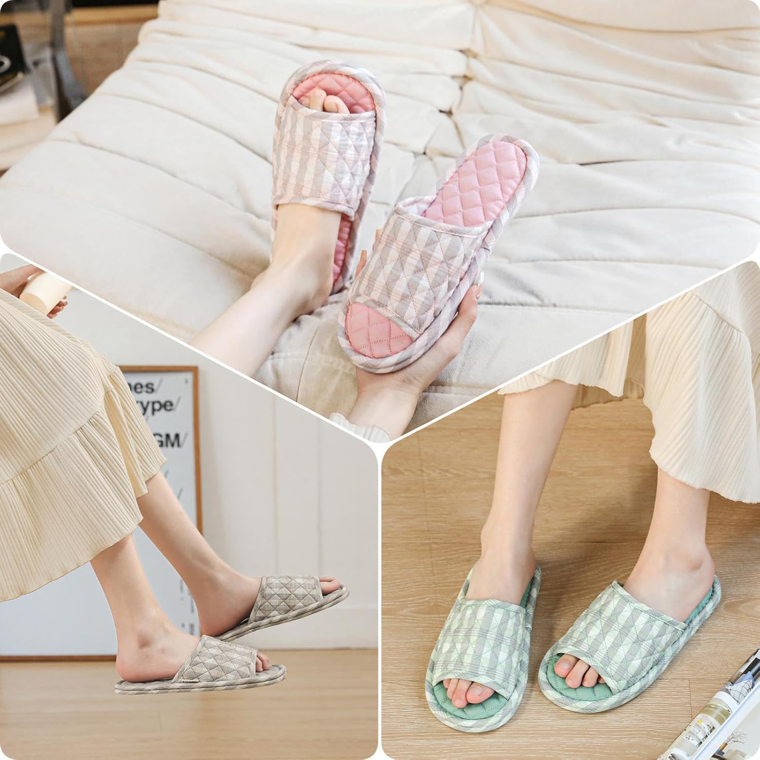 3 Pairs Floral Cotton House Slippers for Women, Open Toe Indoor Slippers Comfortable Washable Portable Foldable Guest Travel Hotel Airplane Spa Slippers - Image 2