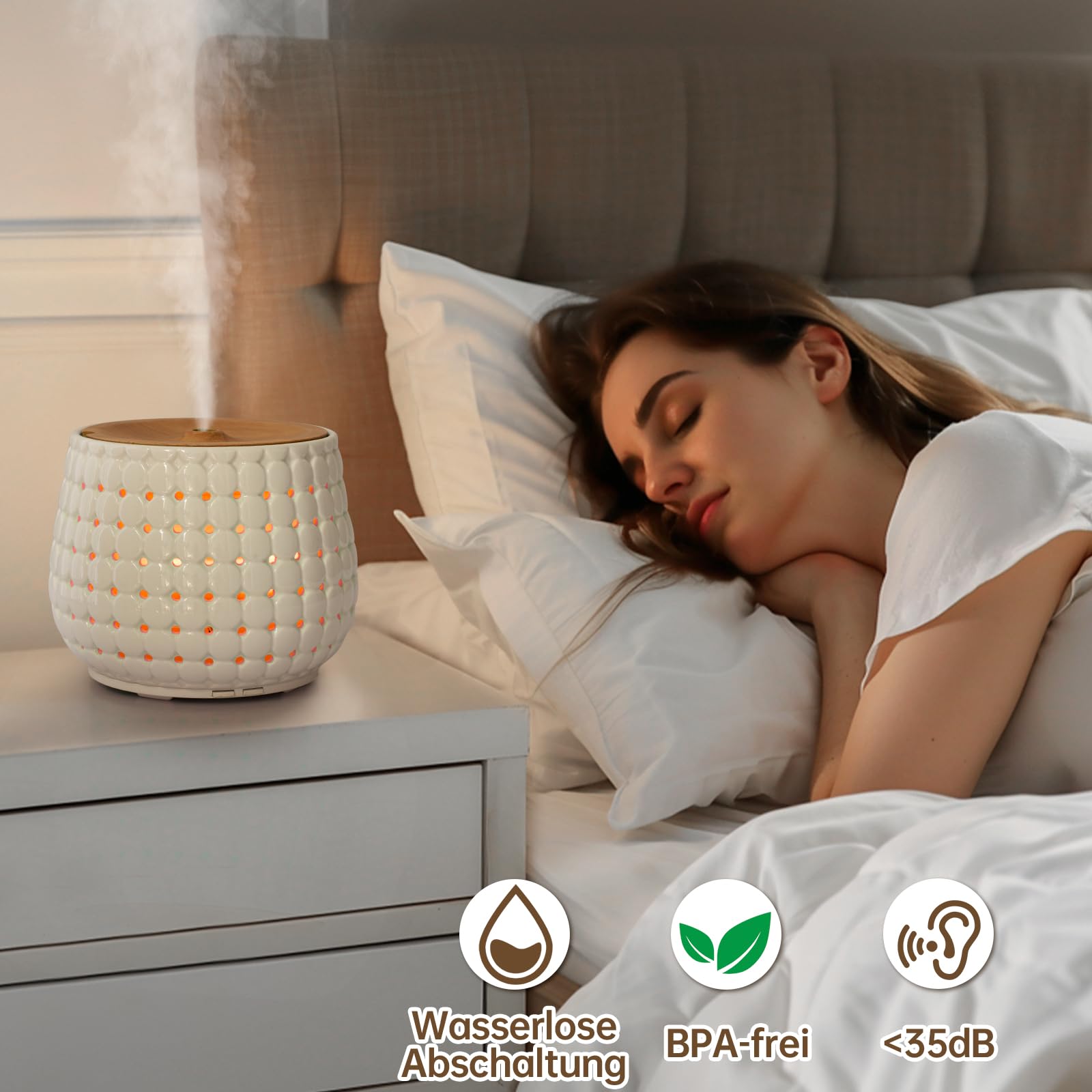 Weißer Keramik-Öl-Diffusor für ätherische Öle großen Raum, 250ml Aromatherapie-Öl-Diffusor kühlen Nebel Luftbefeuchter mit 7 Farben Lichter 2 Nebel-Modi